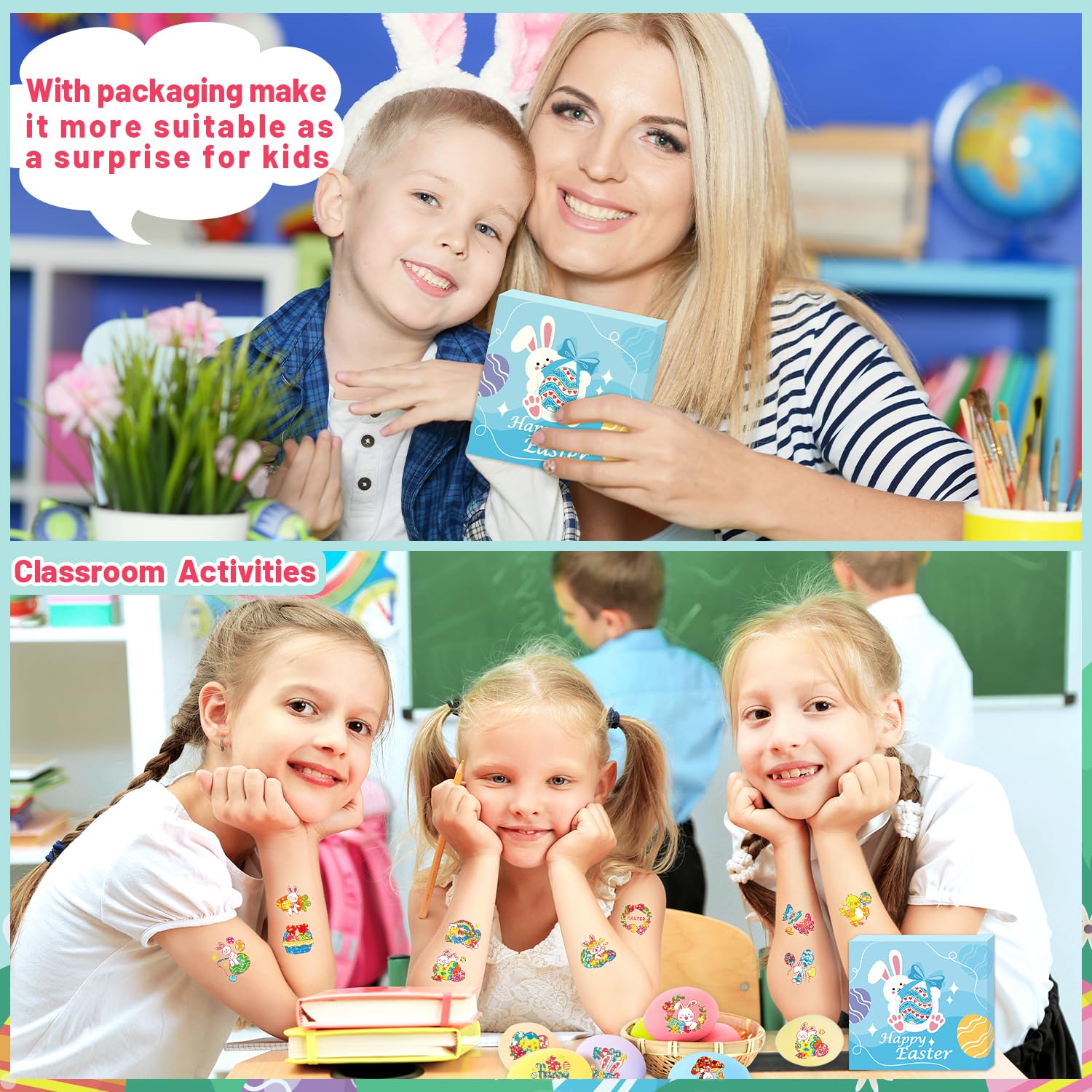 408-Piece Easter Temporary Tattoos for Kids - Glitter Bunny & Egg Stickers for Boys & Girls | Easter Basket Fillers, Spring Party Favors, Goodie Bag Stuffers | Perfect for Easter Egg Hunts, Classroom Rewards & Birthday Party Activities