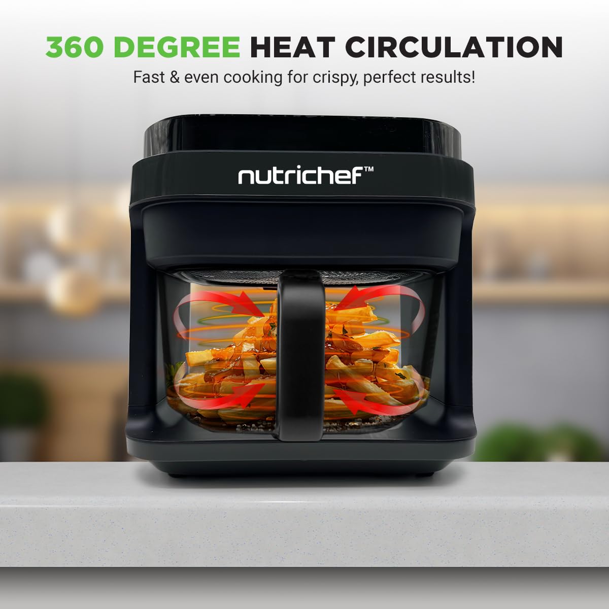 Nutrichef 5.8 Quart Air Fryer with 8 Preset Functions - Transparent Basket for Perfect Cooking - Fry, Bake, Roast Chicken, Steak, Shrimp & Vegetables - Digital Timer & Temperature Control - Ideal for Family Meals, Parties & Healthy Snacks - Black