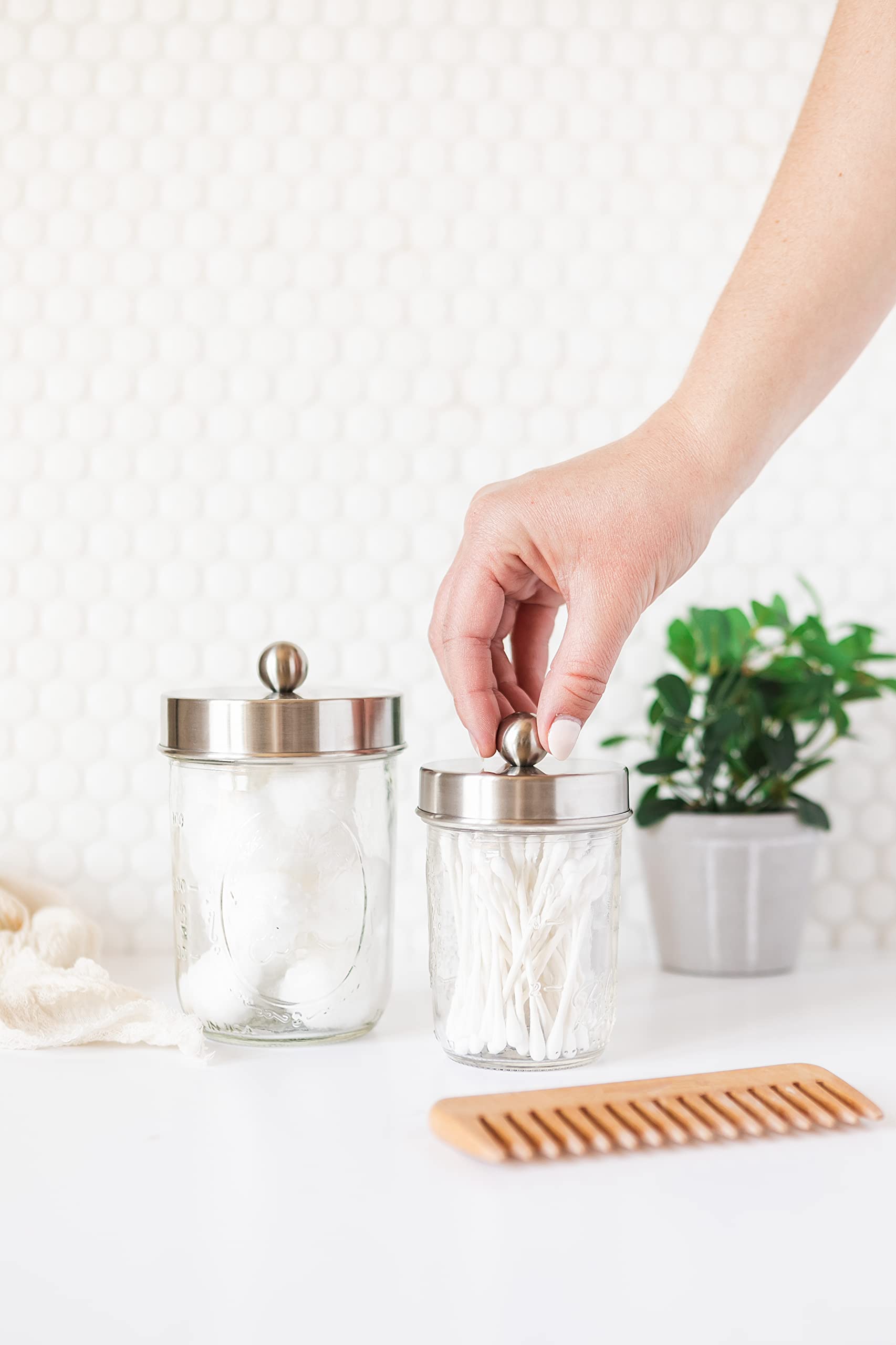 Jarmazing Apothecary Lid Storage Set with Ball Mason Jars - Farmhouse Home Decor for Vanity, Bathroom & Kitchen Organization - Stainless Steel 2-Pack - Perfect for Bath Essentials, Spice Storage & Office Supplies