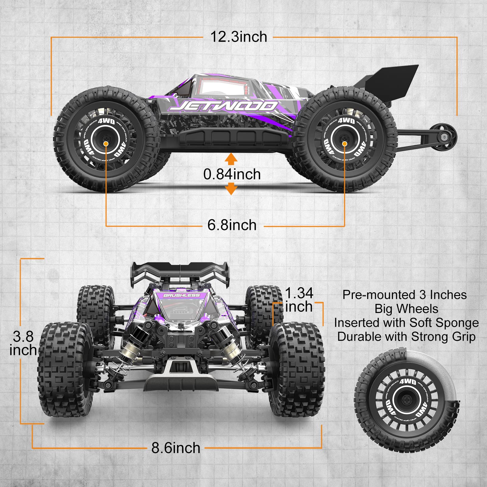 Jetwood 1/16 Scale Fast Remote Control Car for Adults - Electric 4WD RTR Brushless RC Truck, High Speed Offroad Buggy with 2 Lipo Batteries (Max 42 MPH) - Perfect for Racing, Off-Road Adventures & Gifts for Boys & Teens