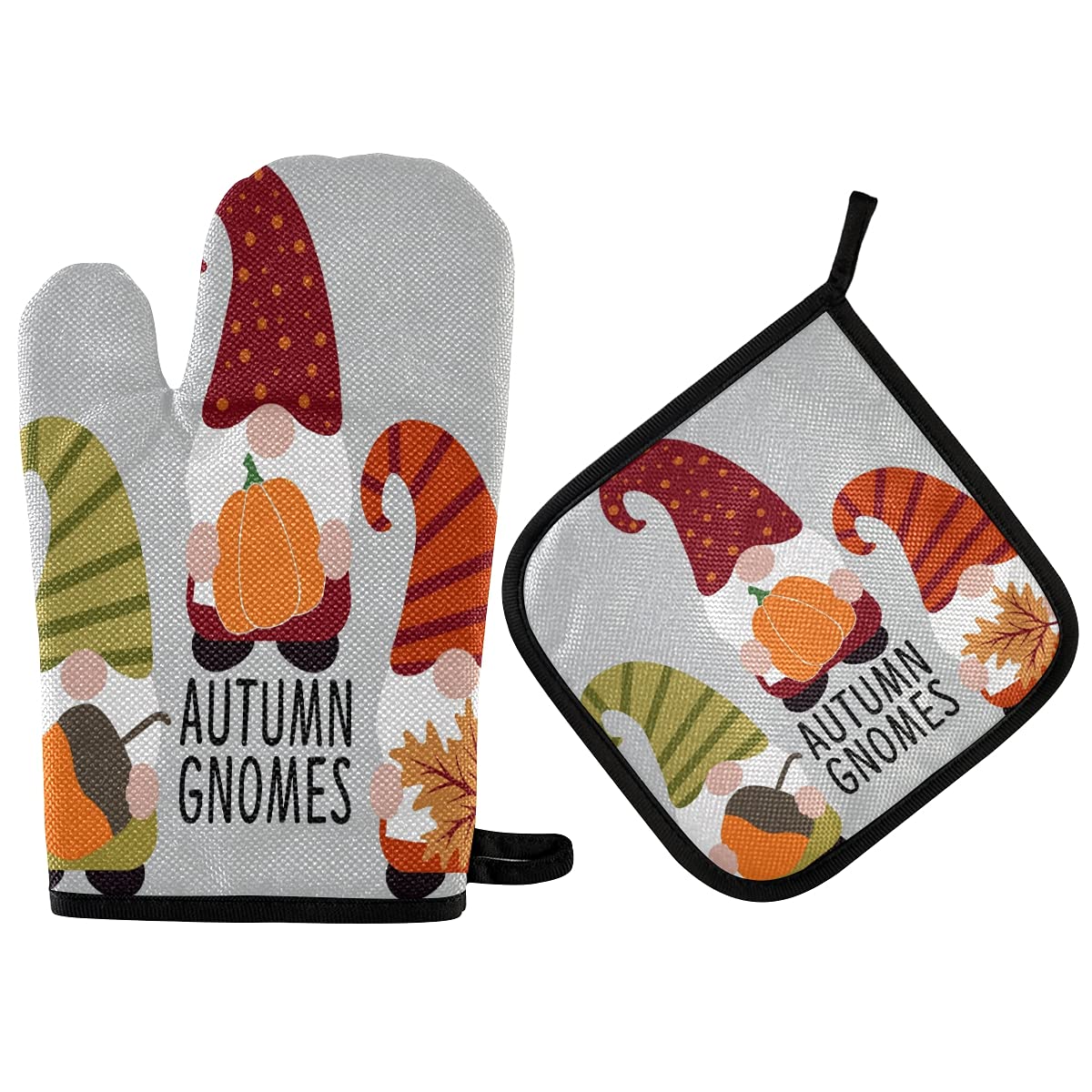 Autumn Gnomes Oven Mitts and Pot Holders Set - 2-Piece Non-Slip Heat Resistant Kitchen Gloves with Fall Maple Pumpkin Design for Baking, Cooking, BBQ - Perfect for Thanksgiving Dinner & Cozy Home Decor