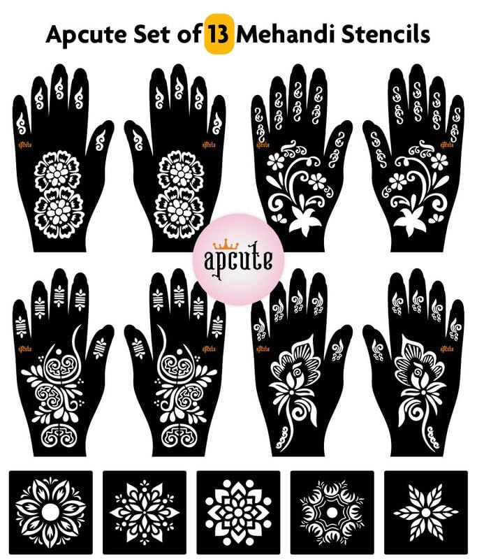 APCUTE 13-Piece Mehandi Stencil Kit | Temporary Henna Tattoo Stencils for Full Hand Designs - Easy 4-Step Application for Women & Girls | Perfect for Weddings, Festivals, and DIY Body Art (Designs 192-193-137-138)