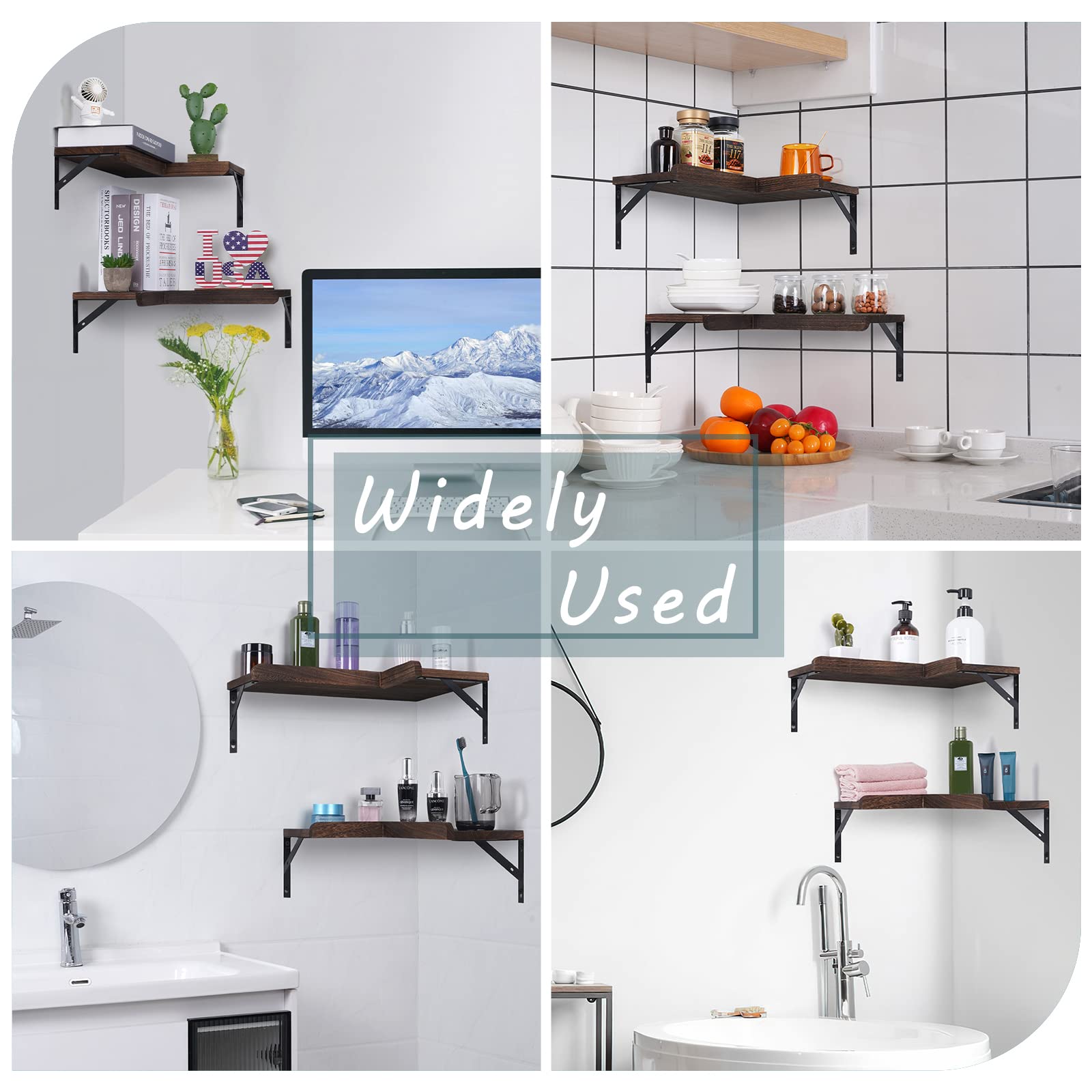 4 Tier Corner Floating Shelves with Protective Lip - Rustic Wooden Wall Mount Storage Shelves for Bathroom, Bedroom, Kitchen & Living Room - Space Saving Corner Shelf Organizer for Home Decor & Display