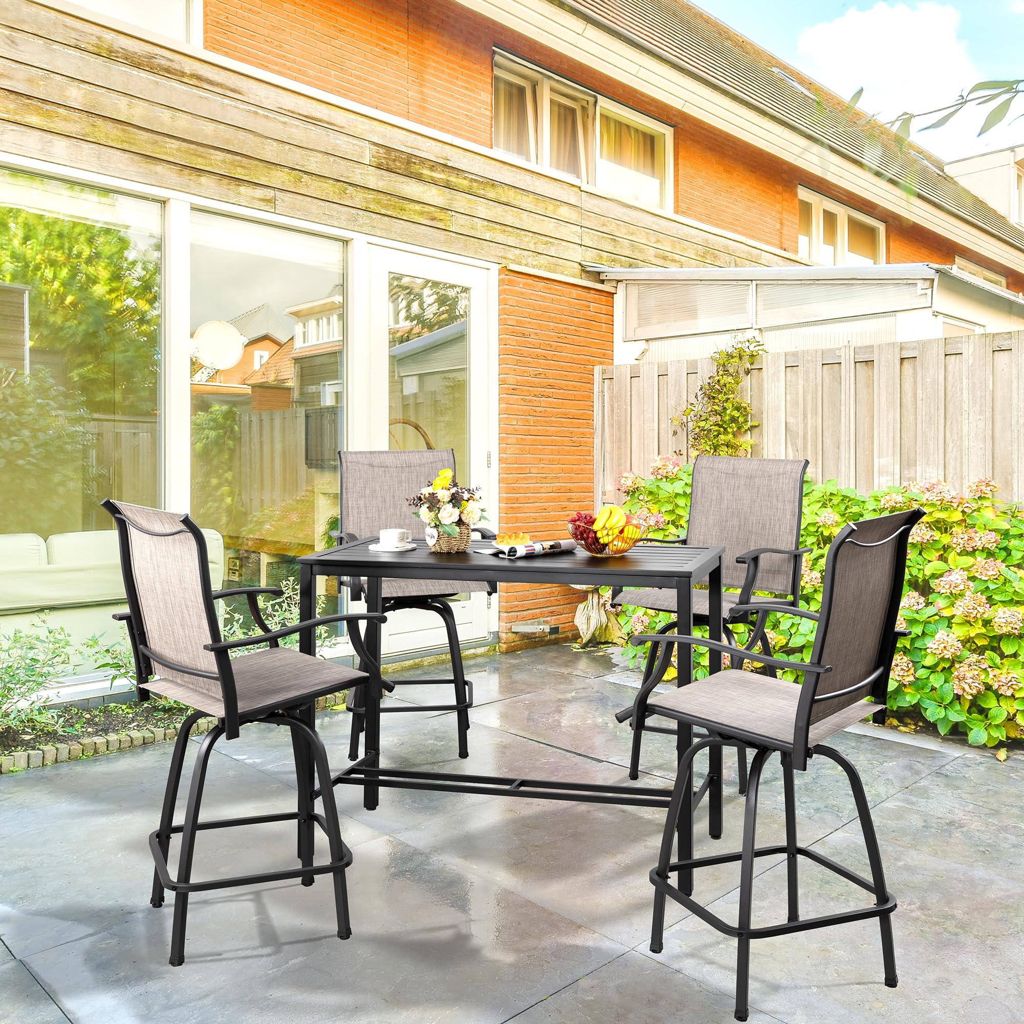 Vongrasig 5-Piece Outdoor Patio Bar Set with Swivel Bar Stools & Glass Table - All-Weather Wicker & Textilene High-Top Bistro Set for Garden, Lawn, Deck or Poolside (Taupe) - Perfect for Backyard Entertaining & Outdoor Dining