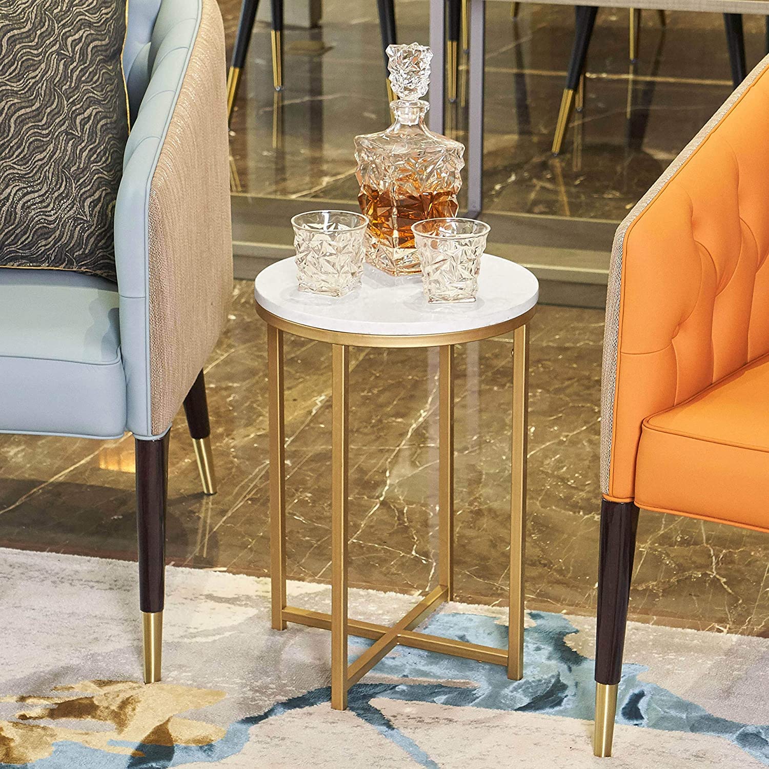 Gold Round Side Table with Faux Marble Top - Small Coffee Table for Living Room, Modern Nightstand for Bedroom - 14