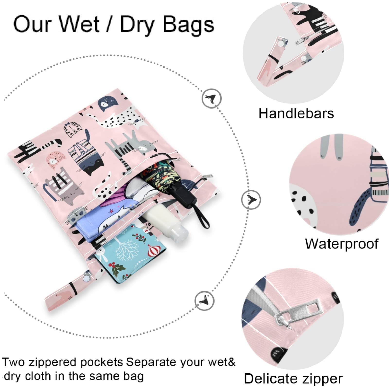 Visesunny 2-Pack Cute Cat Print Wet Bags with Zippered Pockets - Washable & Reusable Waterproof Storage for Travel, Beach, Pool, Gym - Perfect for Diapers, Swimsuits, Toiletries & Dirty Clothes - Great for Daycare, Strollers & Sports Activities