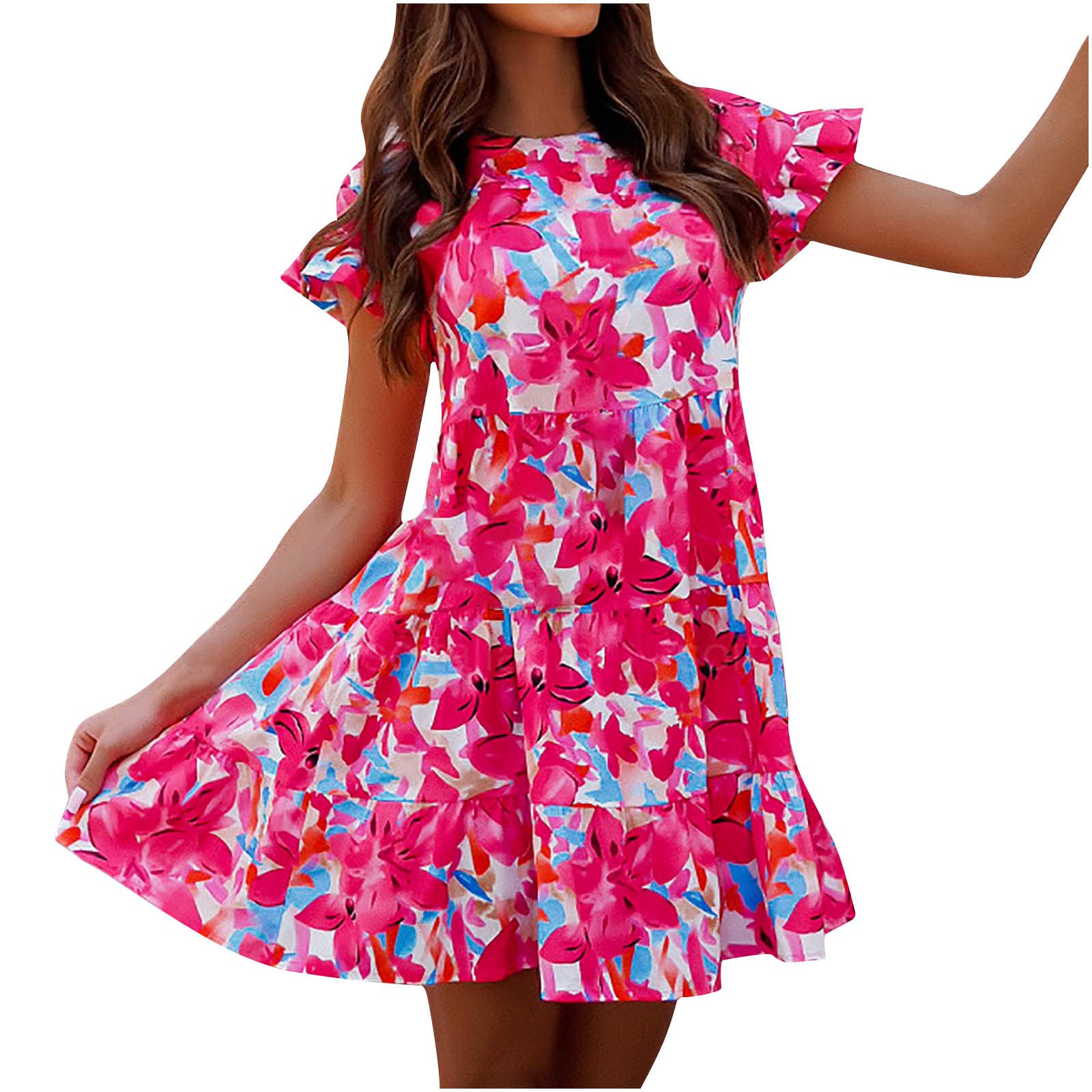 Women's Summer Casual Printed Mini Dress - Round Neck, Short Trumpet Sleeve & Ruffle Hem | Perfect for Beach Outings, Date Nights & Summer Parties