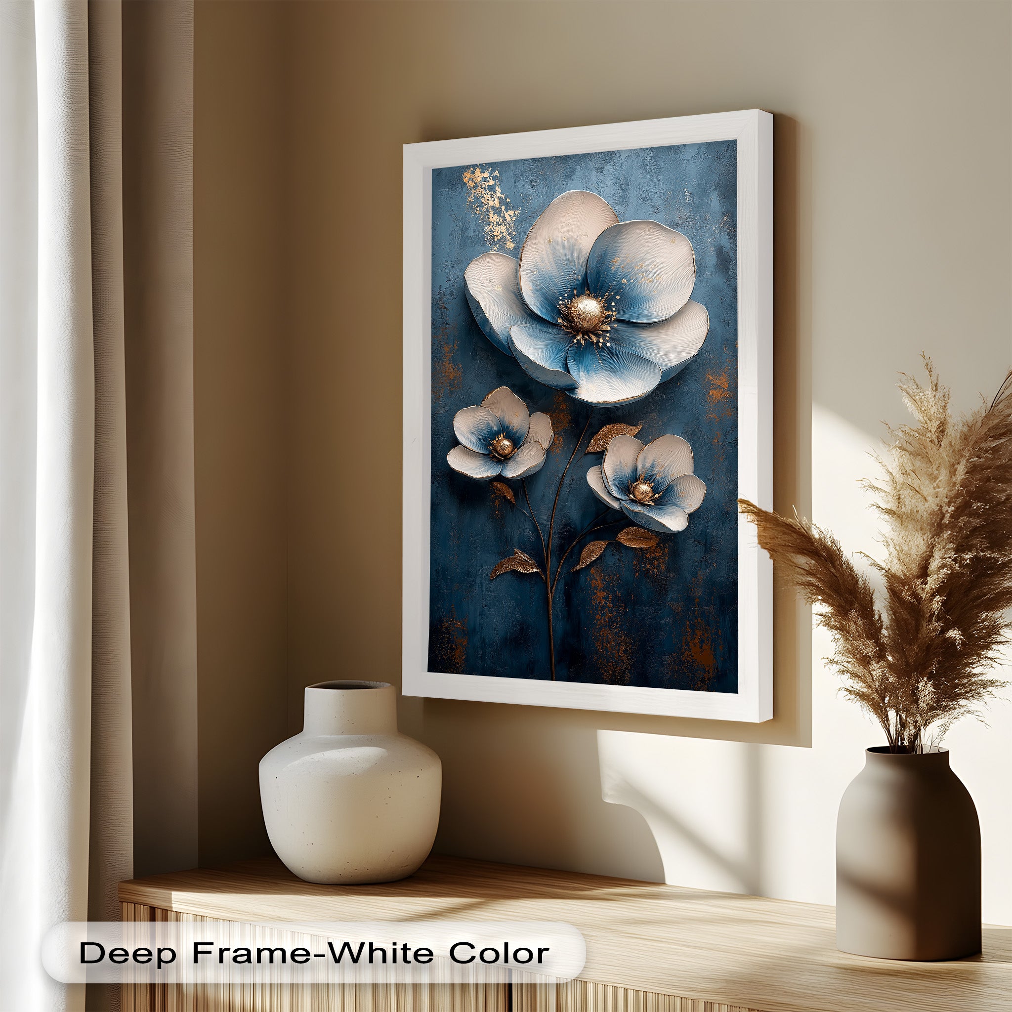 Blue and Gold Flower Modern Oil Painting - Handmade Canvas Wall Art for Living Room, Bedroom & Office Decor