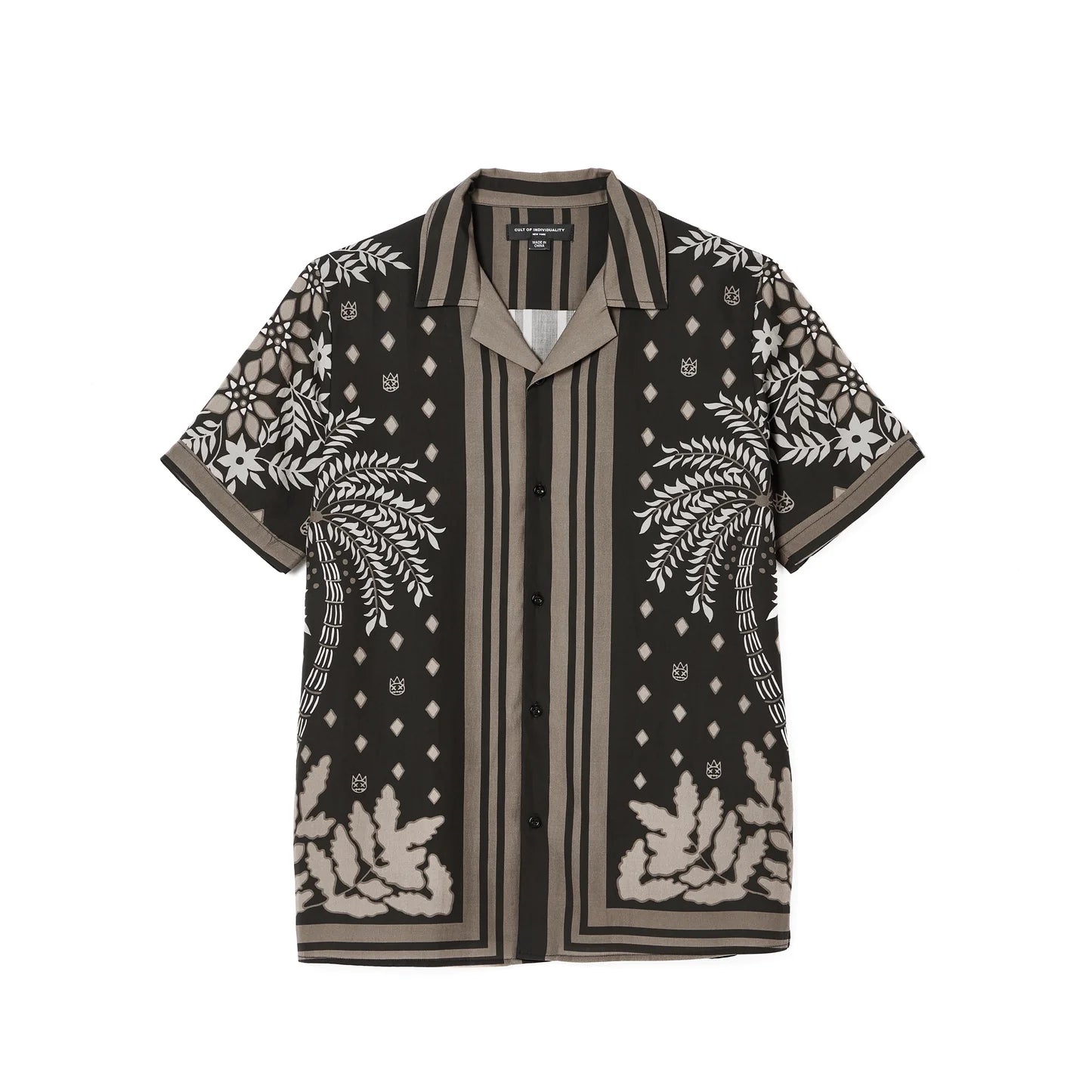 CULT OF INDIVIDUALITY Black Cuban Woven Shirt - Retro Style Men's Guayabera Shirt for Summer Beach Vacation & Casual Outings