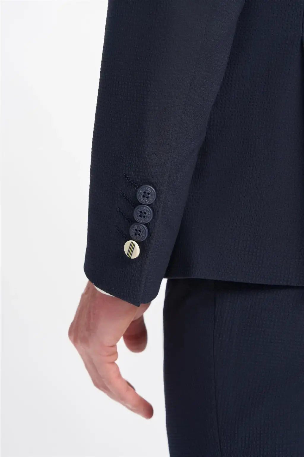 Cavani Men's Siren Seersucker Navy 2 Piece Suit - Slim Fit Summer Wedding Suit for Business Formal & Casual Occasions