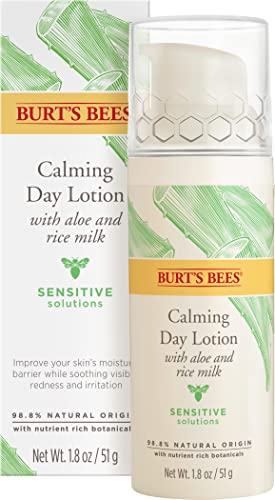 Burt's Bees Sensitive Skin Calming Day Lotion with Aloe Vera & Rice Milk - 98.8% Natural, Fragrance Free, 1.8 fl oz - Perfect for Dry, Irritated Skin & Daily Moisturizing Routine