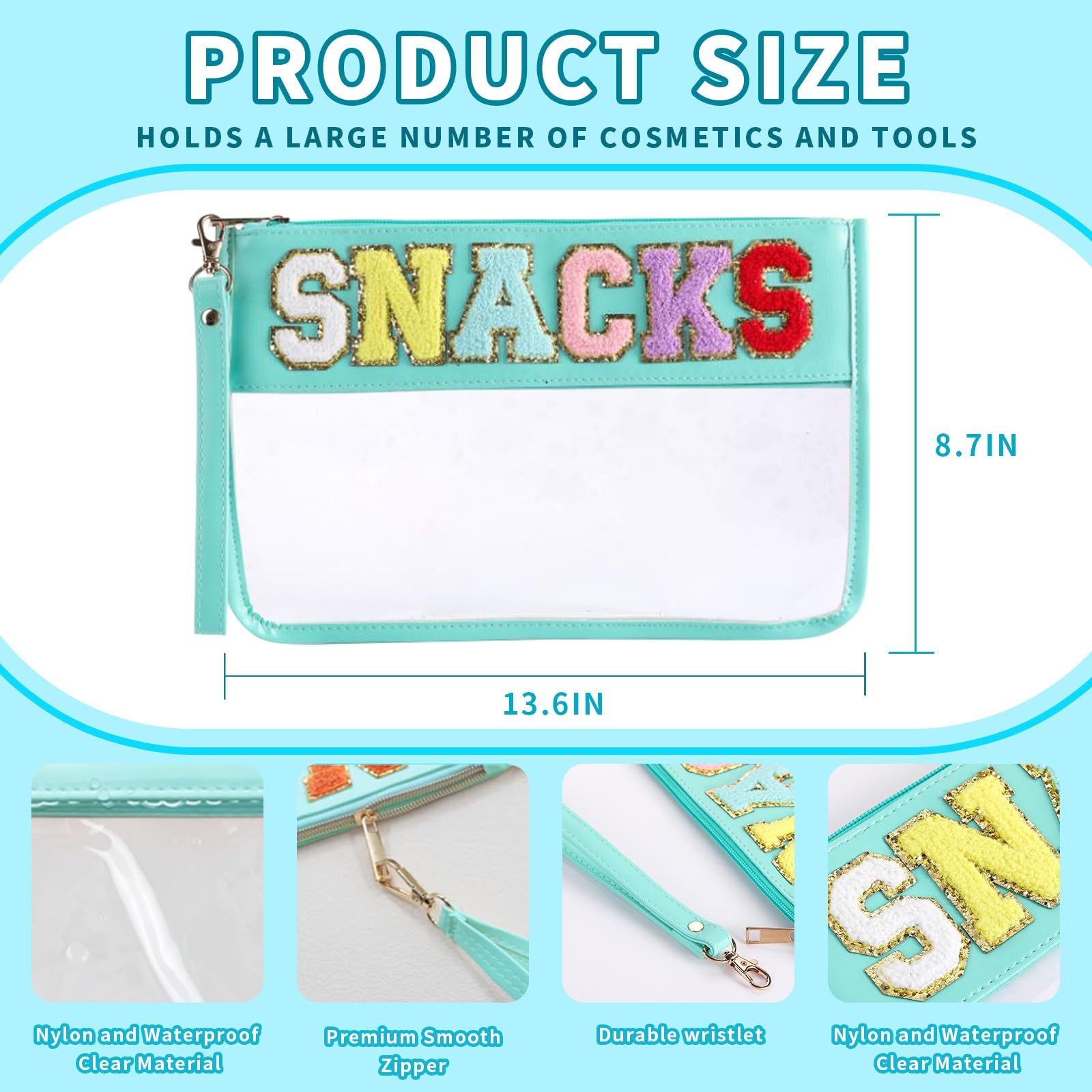 2 Pack Clear Zippered Snack Bags for Travel, Beach & Makeup - Large Capacity Waterproof Pouch for Snacks, Toiletries & Essentials (Blue) - Perfect for Picnics, Vacations & Daily Use