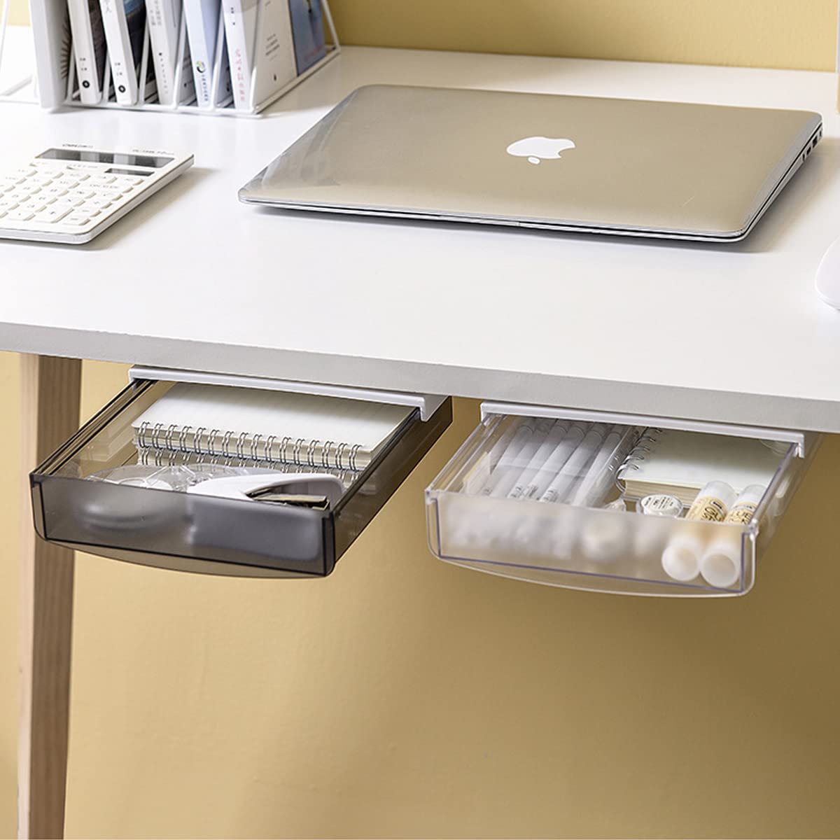 Self-Adhesive Under Desk Drawer Organizer - 2 Pack Hidden Slide-Out Storage Tray for Office Supplies, Stationery & Utensils - Perfect for Home Office, School Desk & Kitchen Countertop (Large, Black)