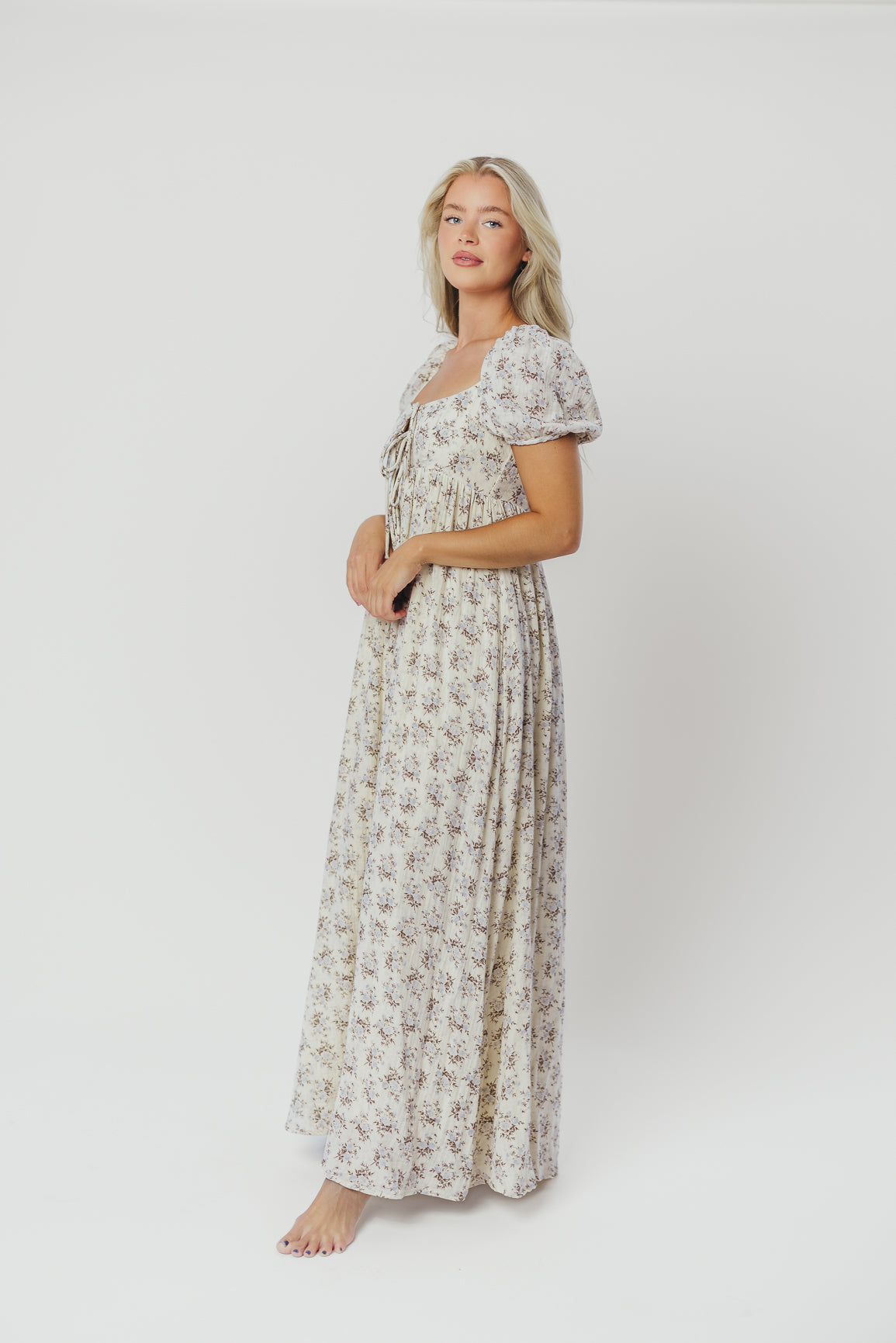 Haven 100% Cotton Tie Front Maxi Dress - Blue & Brown Floral Print | Bump Friendly Maternity Dress | Perfect for Beach, Vacation & Summer Outfits