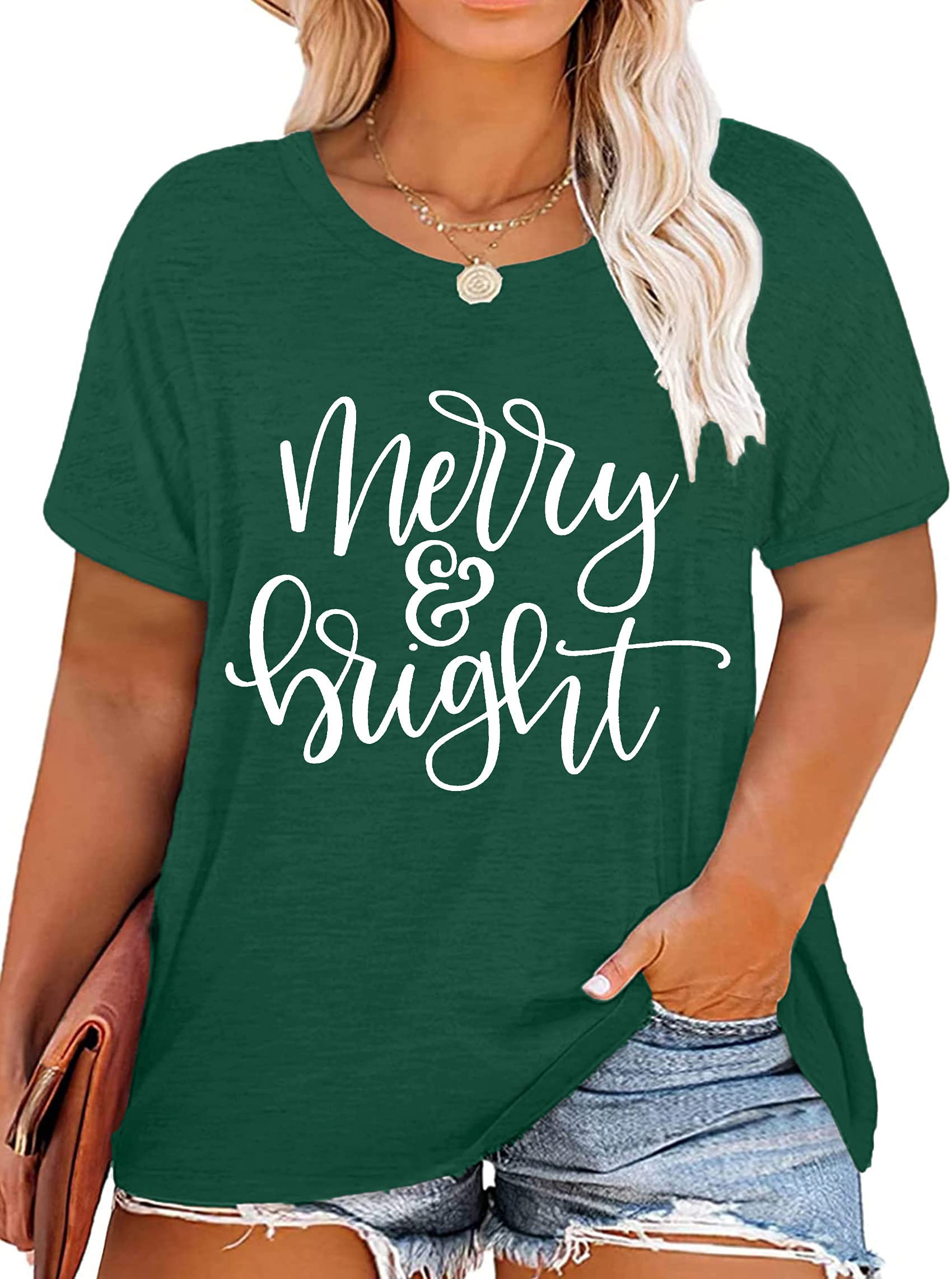 Christmas Plus Size Shirt for Women - Merry and Bright Holiday Tops - Oversized Xmas Tee - Fall Fashion - Perfect for Holiday Parties, Family Gatherings & Festive Outfits