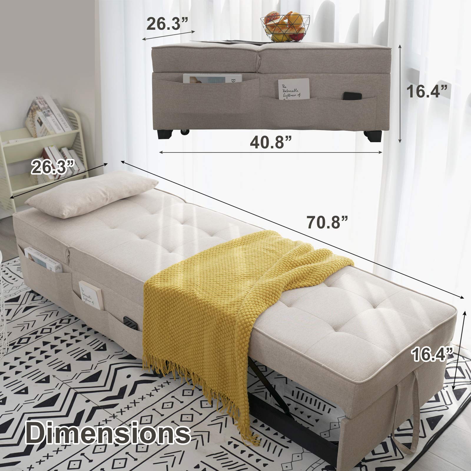 Zenosyne 4-in-1 Convertible Sleeper Chair Bed Ottoman - Adjustable Folding Guest Bed with Linen Fabric & Lumbar Pillow | Multi-Functional Futon for Living Room, Bedroom & Small Space (Beige)