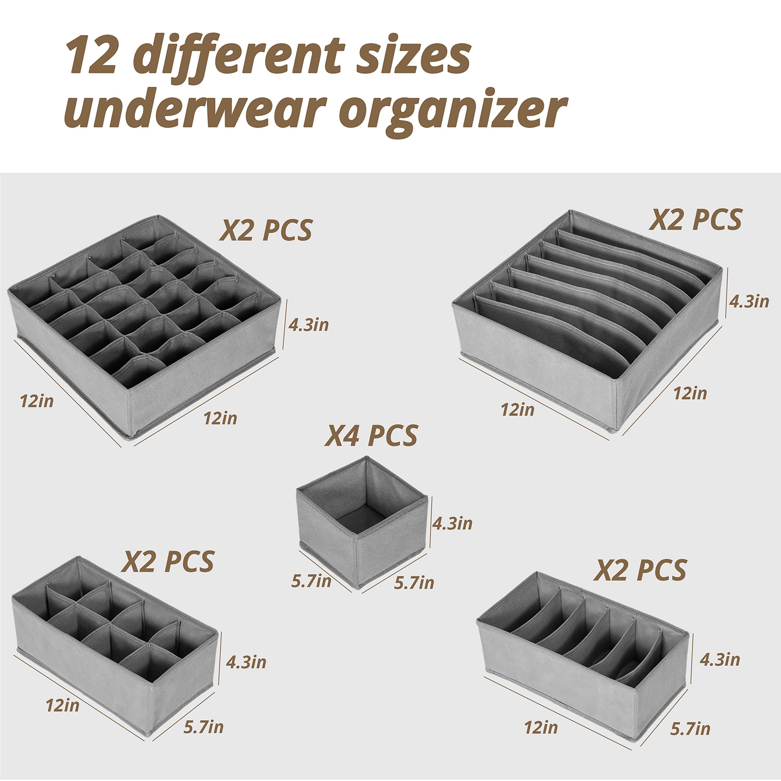 Foldable Fabric Drawer Organizer for Underwear, Socks, Bras & Accessories - Grey Storage Bin for Dresser, Closet & Bedroom Organization