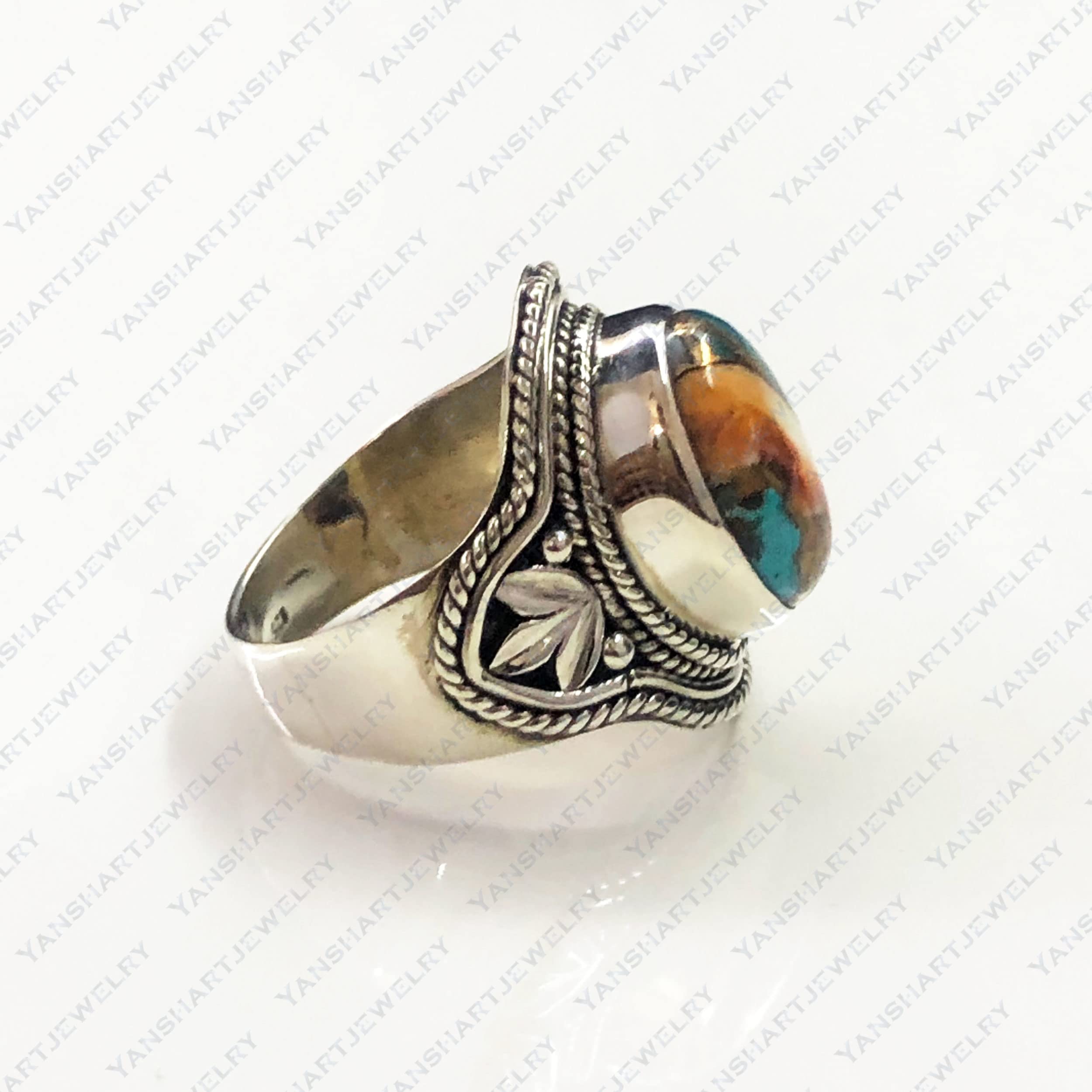 Handmade 925 Sterling Silver Natural Turquoise Ring - Oval Oyster Copper Turquoise December Birthstone Jewelry for Women - Perfect Promise Ring, Wedding Band & Gift for Anniversary, Valentine's Day