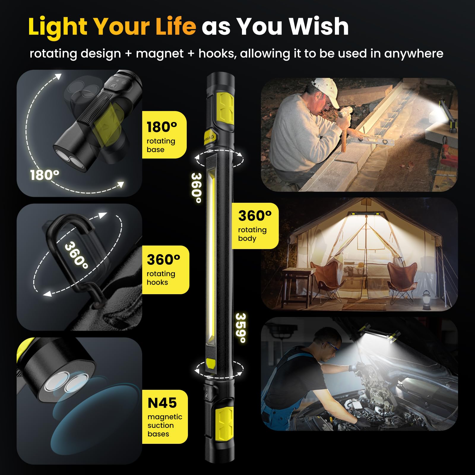 3000LM LED Magnetic Rechargeable Work Light with Auto On/Off - 5200mAh Cordless Under Hood Light Bar with Hooks for Mechanics, Car Repair & Garage Use - Perfect for Auto Maintenance, Emergency Lighting & DIY Projects (Yellow)