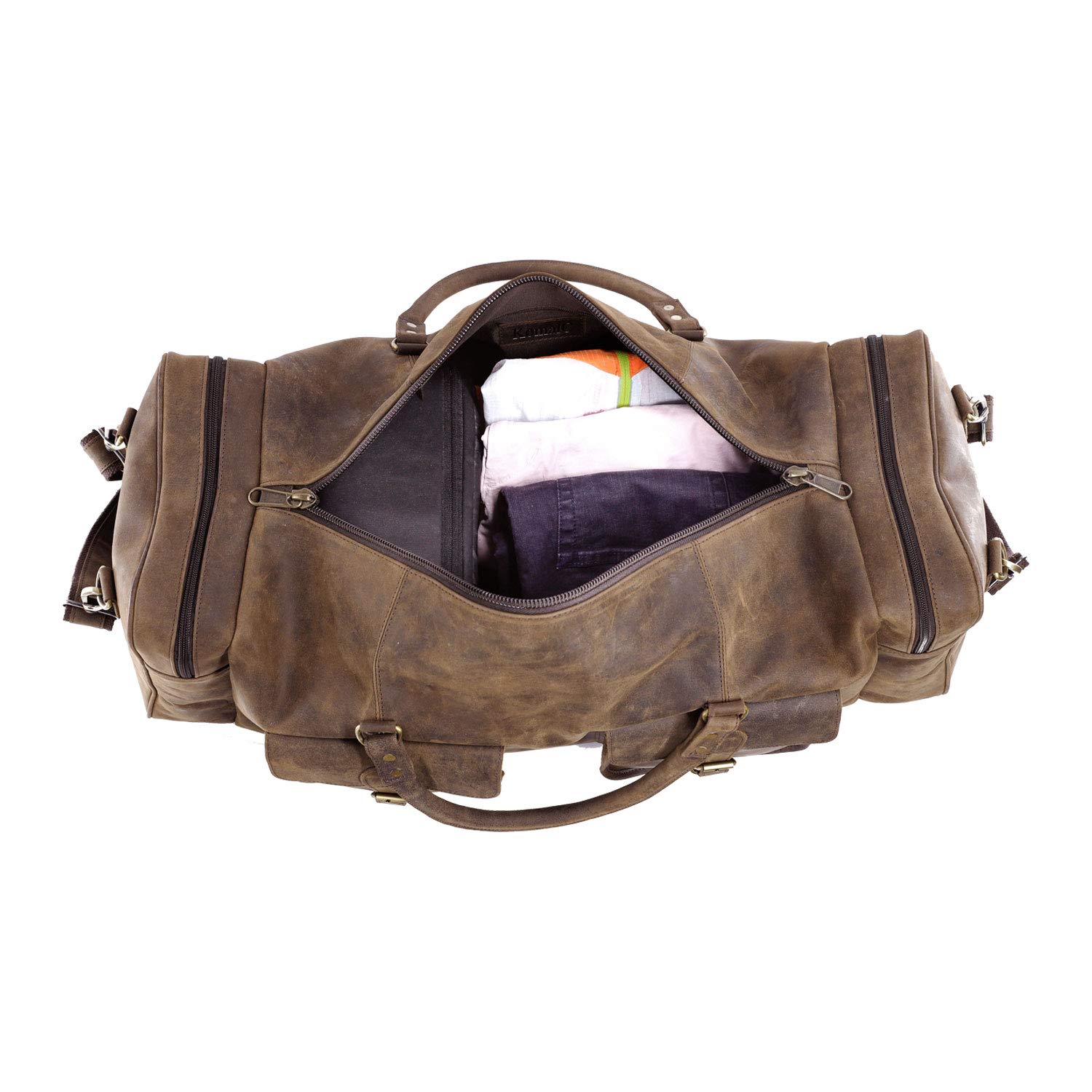 KomalC 28 Inch Distressed Brown Leather Duffle Bag - Large Travel Gym Sports Overnight Weekender Carry On Bag for Men & Women - Perfect for Gym, Sports, Travel & Cabin Luggage