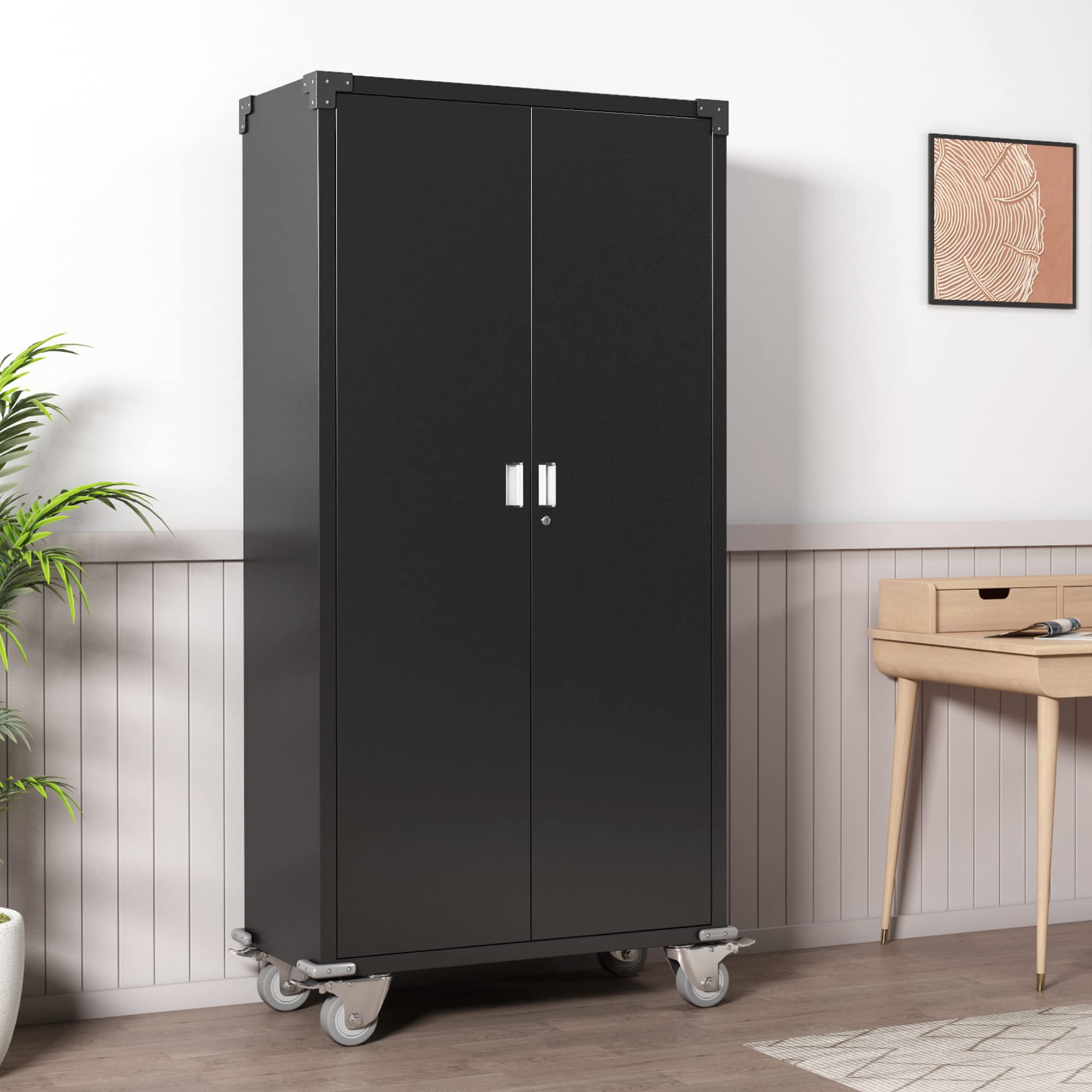 Aobabo 72-Inch Heavy-Duty Metal Garage Cabinet with Wheels - Lockable Rolling Storage Cabinet with 4 Adjustable Shelves - Black Utility Cabinet for Garage, Office & Home Organization (Assembly Required) - Perfect for Tools, Equipment & Household Storage