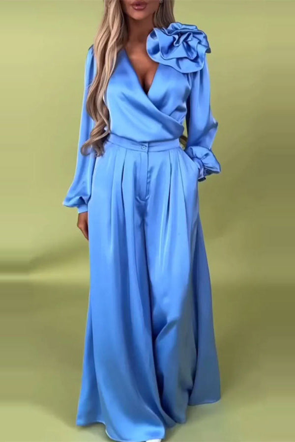 Elegant Solid Color V-Neck Long Sleeve Blouse with Floral Embroidery & Casual Pocket Wide Leg Pants Set - Perfect for Office Wear, Date Night and Spring Outfits