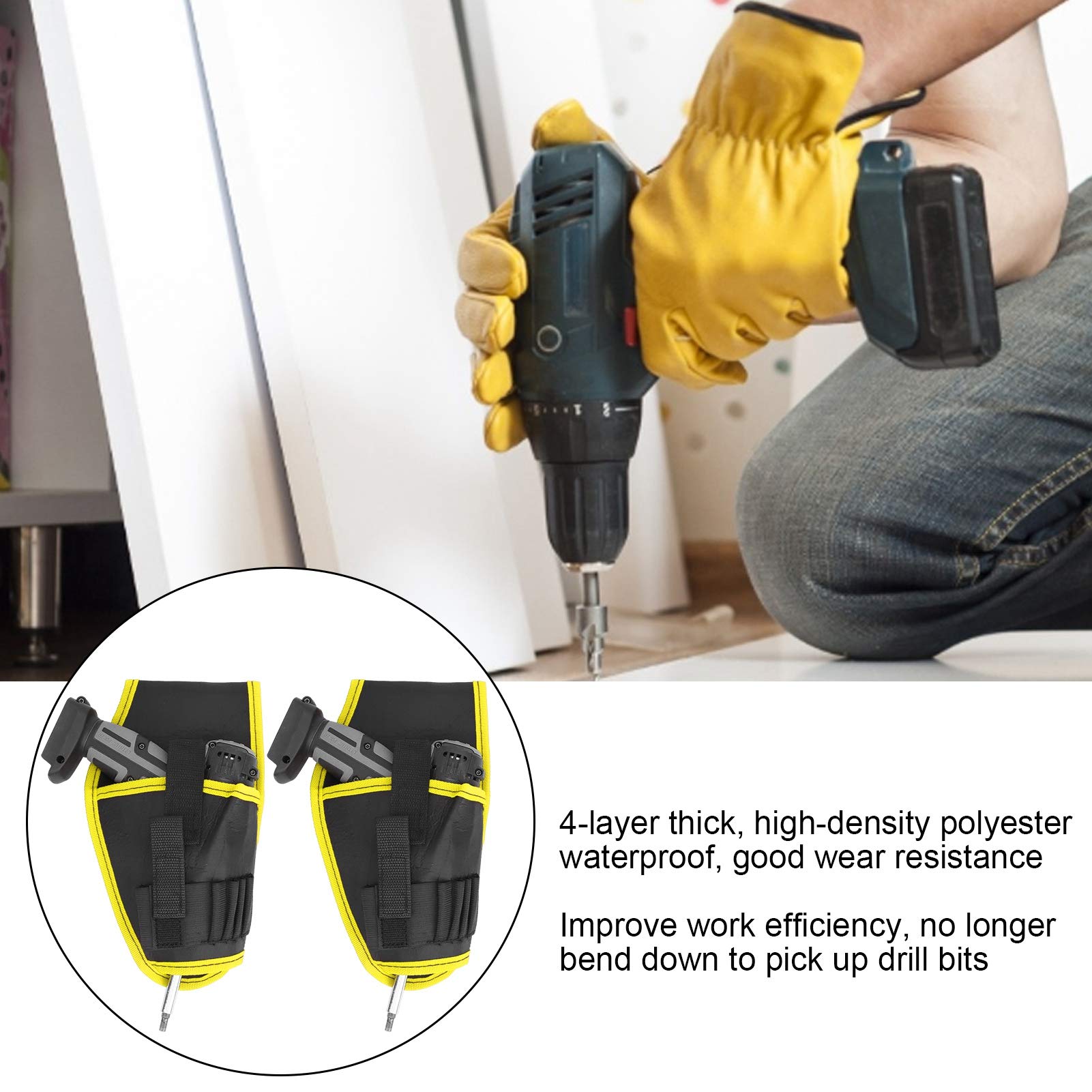 WNSC Drill Pouch - Heavy Duty Electric Drill Tool Belt Bag with Yellow Edge | Drill Bit Organizer & Tool Holster for Construction, DIY & Home Improvement Projects