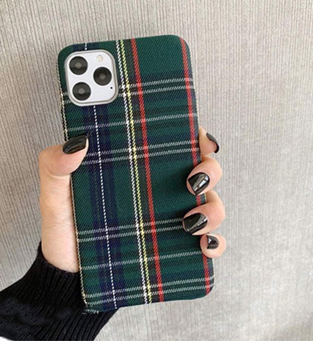 Warm Flannel Plaid Fabric Phone Case for iPhone 11 12 Mini Pro Max SE 2020 7 8 6 6S Plus XR X XS - Soft Plush Protective Cover (Green) - Perfect for Winter, Outdoor Activities & Daily Use