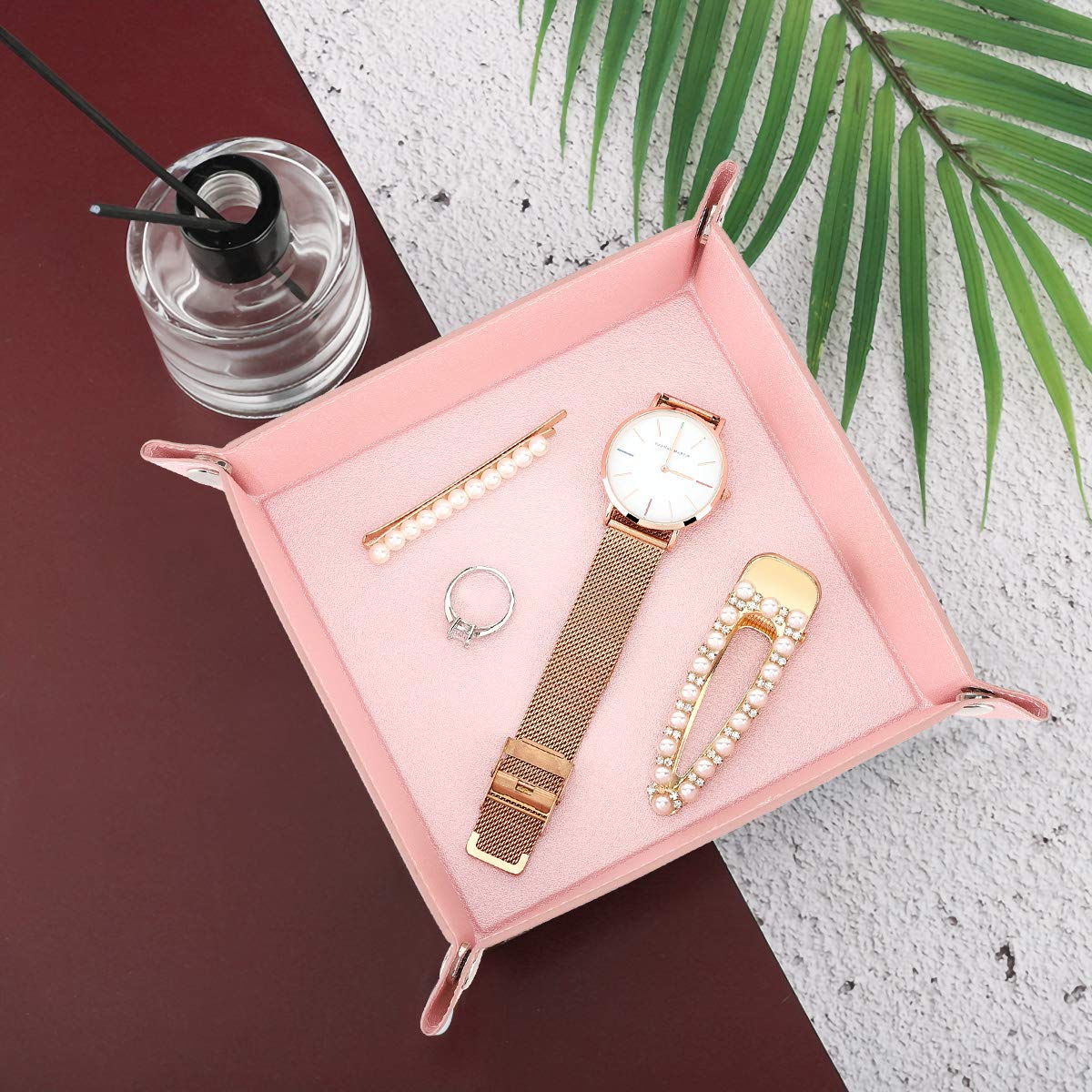 PU Leather Valet Tray for Men & Women - Desktop Jewelry Storage Organizer, Catchall Tray for Wallet, Coins, Phone & Keys | Entryway, Bathroom & Nightstand Organizer - Pink