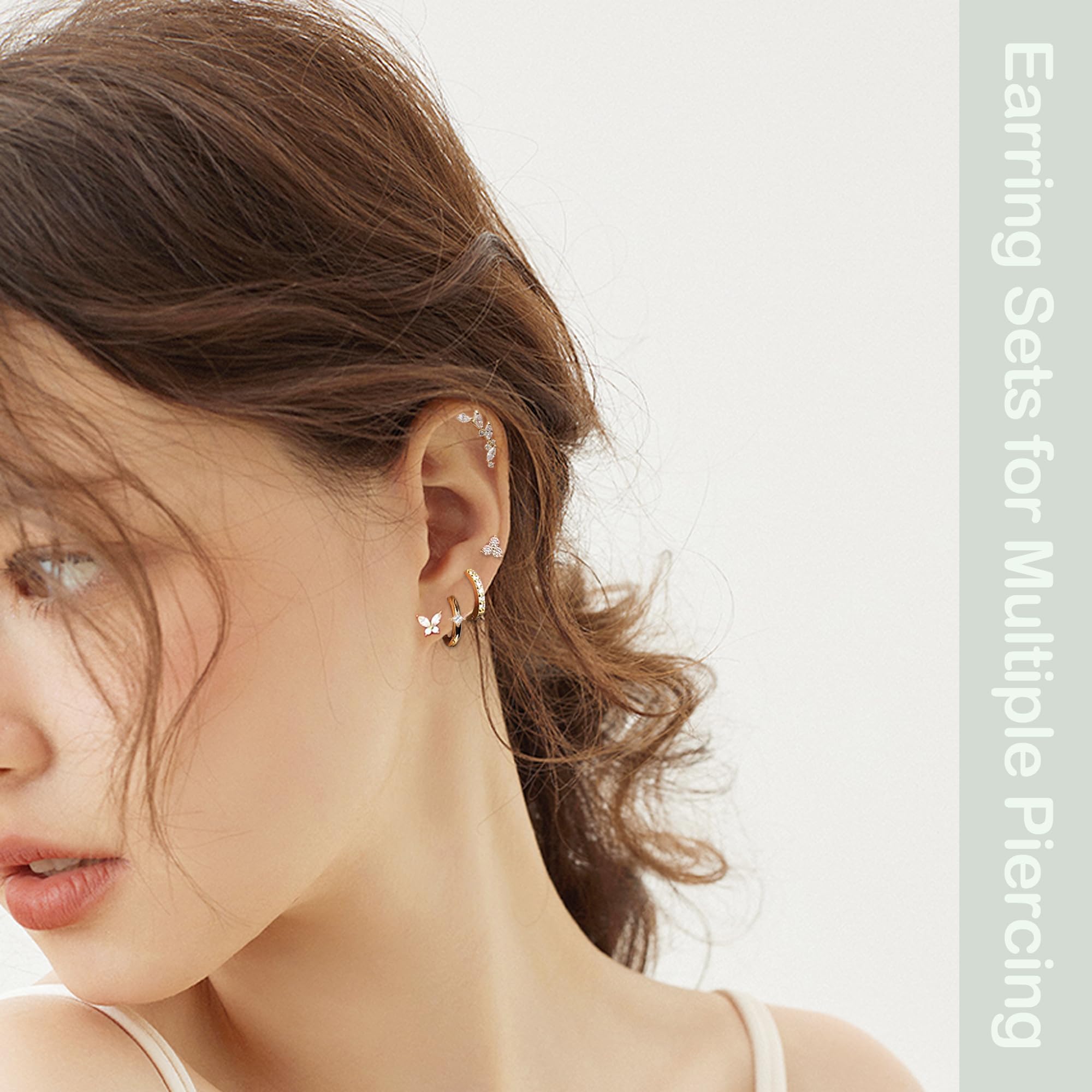 Hypoallergenic 14K Gold Plated Cartilage Stud Earrings for Women - Trendy Dainty Earring Stack Set with Small Huggie Hoops | Perfect for Multiple Piercing Styles & Everyday Wear