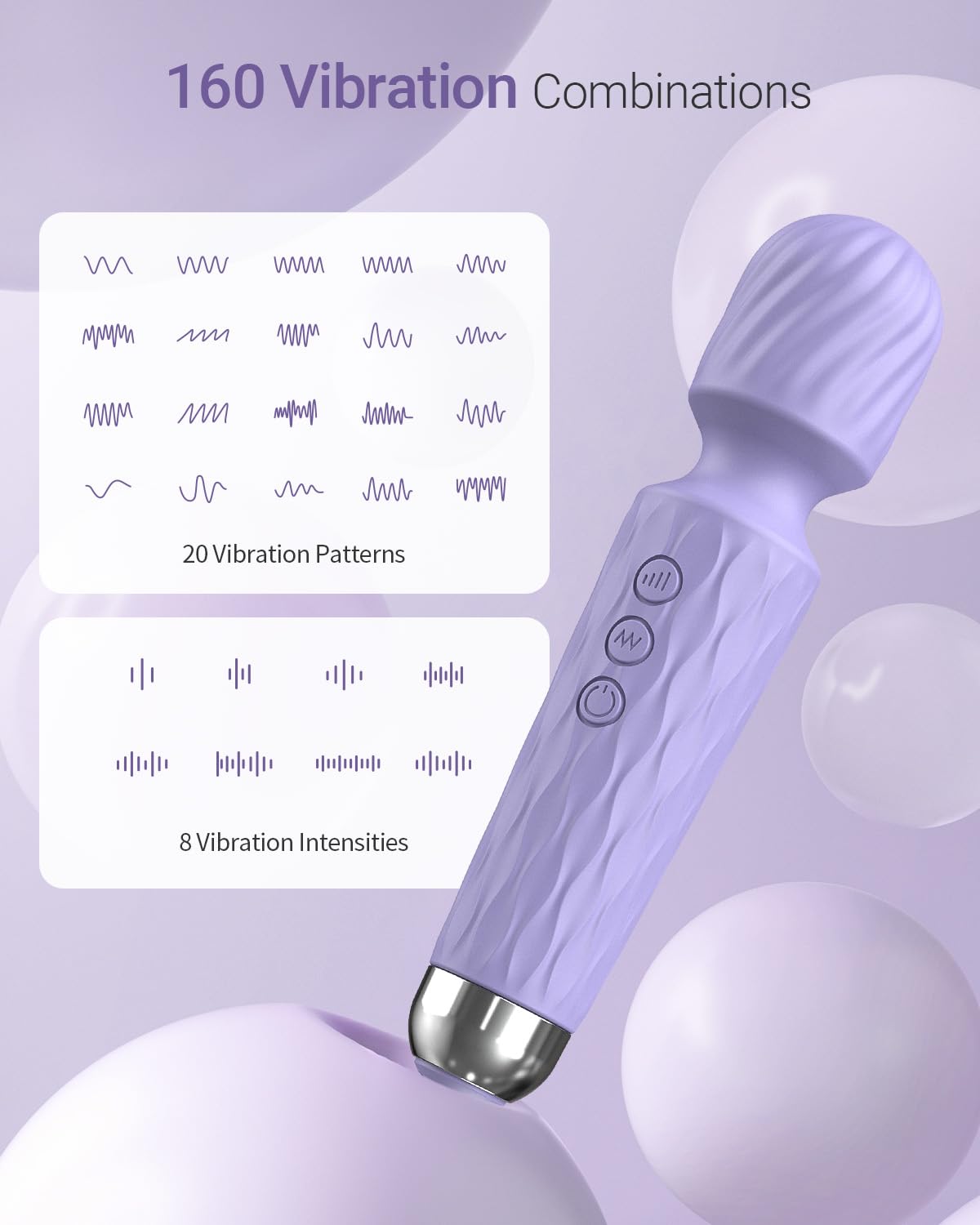 Powerful Waterproof Vibrator Wand - 8 Speeds & 20 Patterns G-Spot & Clit Stimulator for Women - Adult Sex Toy for Couples Play, Solo Pleasure & Sensual Massage (Light Purple)