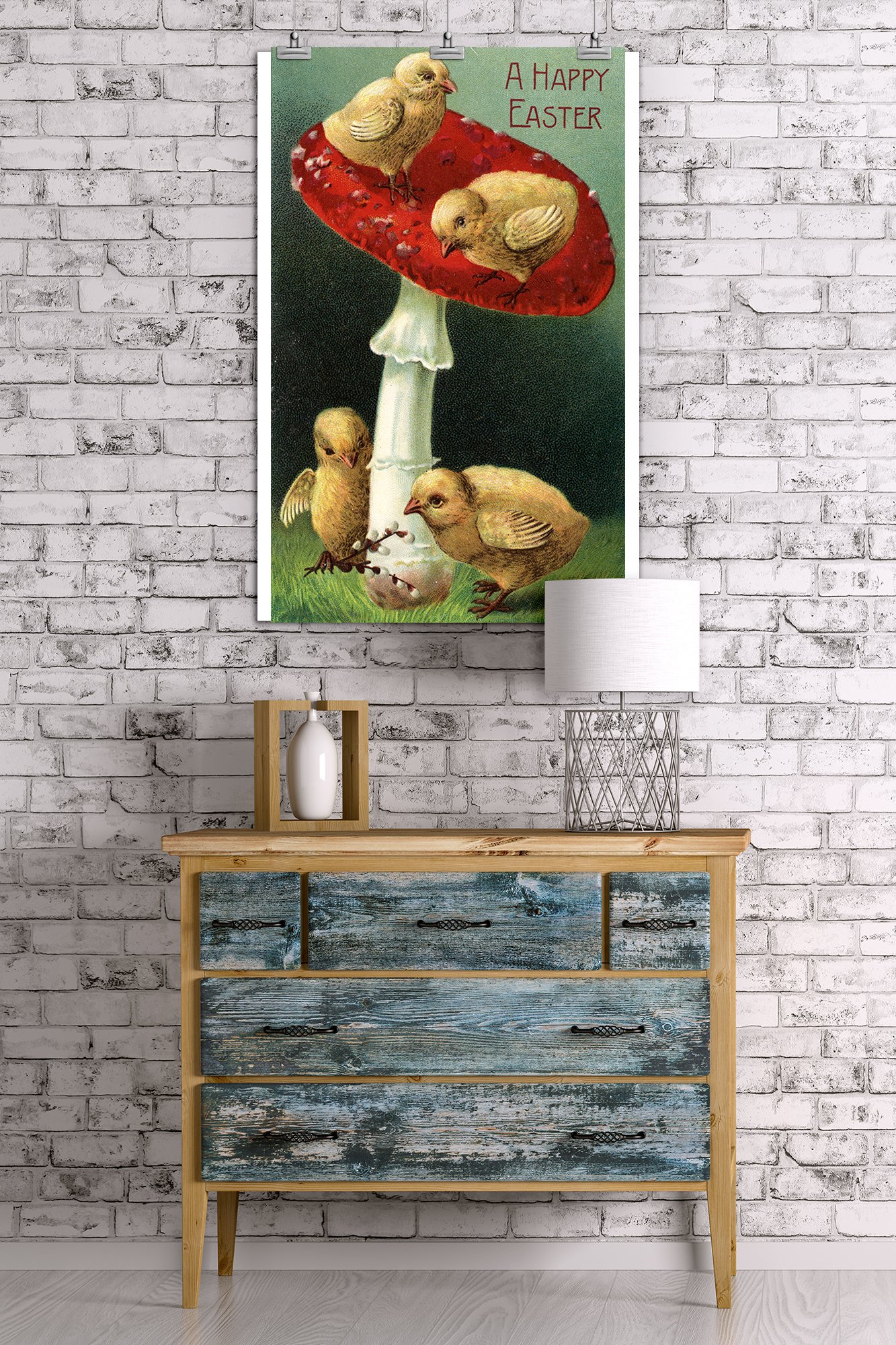 Happy Easter Chicks on Red Mushroom - 24x36 Giclee Gallery Print - Travel Poster Wall Art Decor - Perfect for Easter Home Decor, Nursery, Living Room & Office Wall