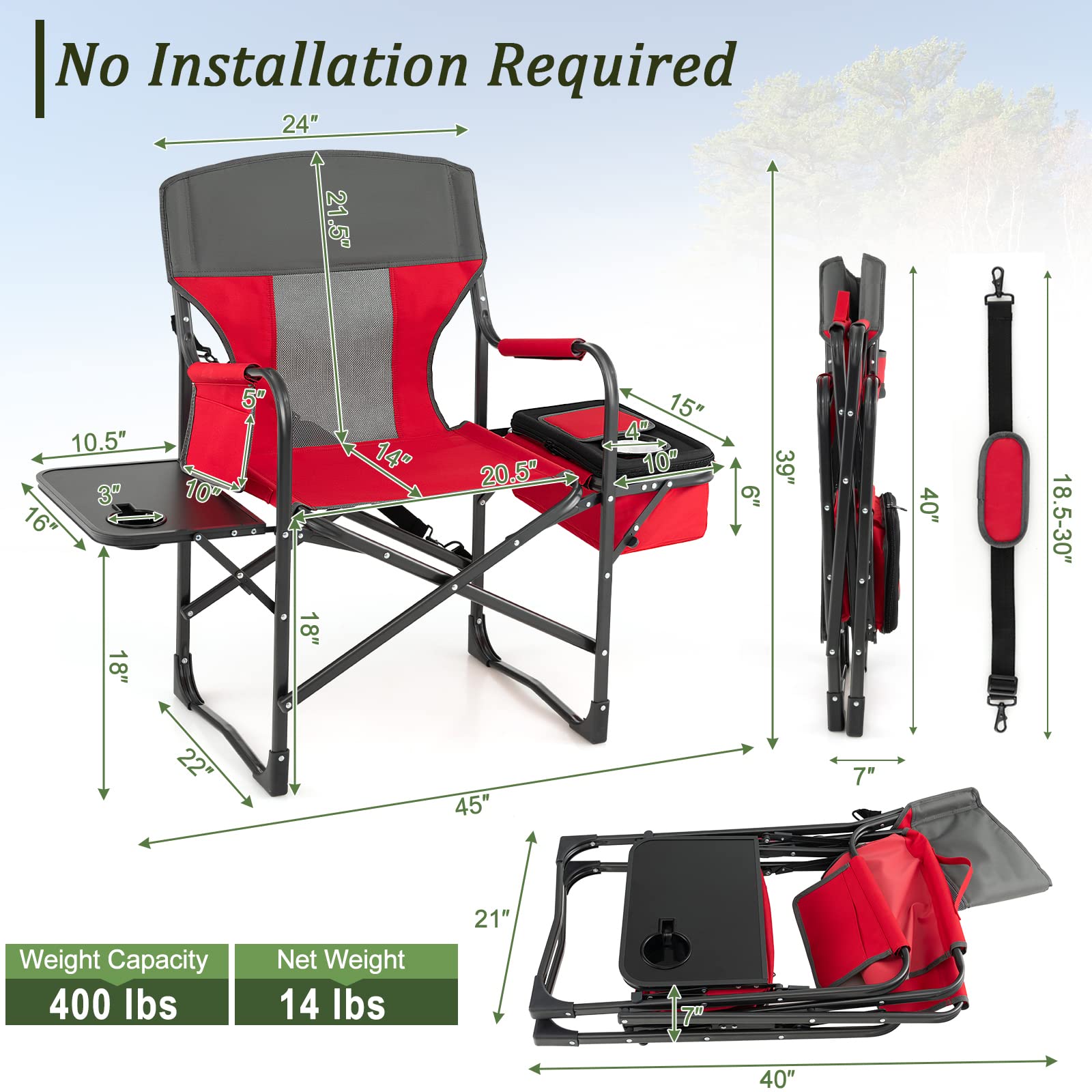 Giantex Heavy Duty Folding Camping Chair with Side Table & Cooler Bag - Portable Director's Chair with Storage Pocket, Shoulder Strap & Handle - 400 lbs Weight Capacity - Perfect for Outdoor Camping, Fishing, Picnics, Makeup Artists & Photographers (Red)