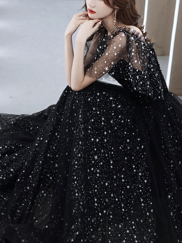 Elegant Black Tulle Off Shoulder Long Prom Dress for Evening Gowns & Formal Events - Perfect for Homecoming, Weddings & Special Occasions
