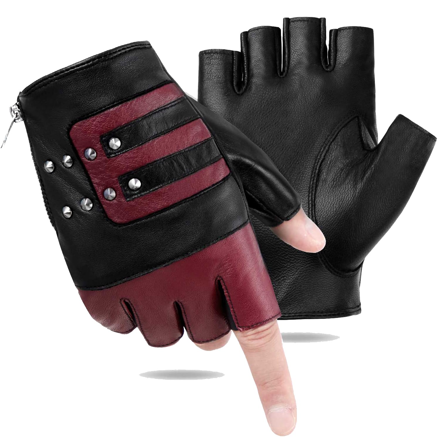 FIORETTO Men's Fingerless Leather Gloves - Unlined Sheepskin Half Gloves for Motorcycle Riding & Winter Fashion | Genuine Punk Style Leather Gloves M200801 | Perfect for Bikers, Outdoor Activities & Cold Weather