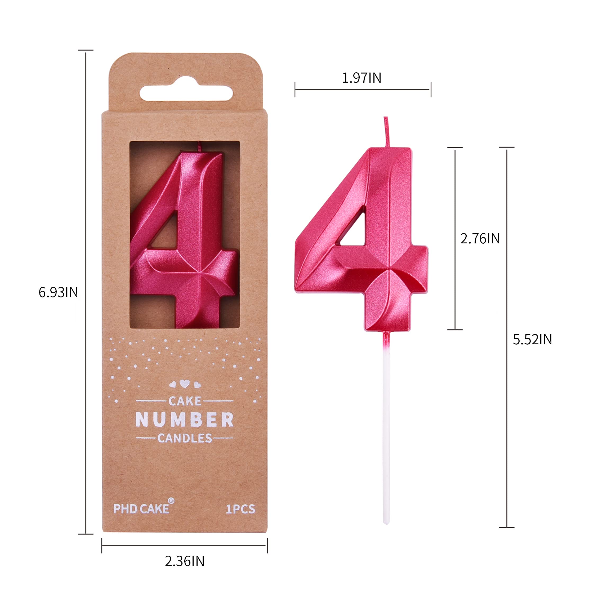 PHD CAKE 2.76 Inch Diamond Red Number 4 Birthday Candles - Premium Cake Topper for Anniversary, Wedding & Party Decorations (Set of 1)