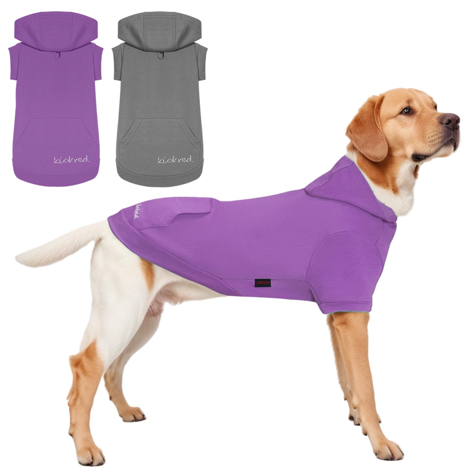 2 Pack Soft Cotton Dog Hoodie Sweater - Cozy Pet Clothes with Pocket & Leash Hole for Small Medium Large Dogs - Dark Grey & Purple Sleeved (Large) - Perfect for Winter Walks & Indoor Comfort