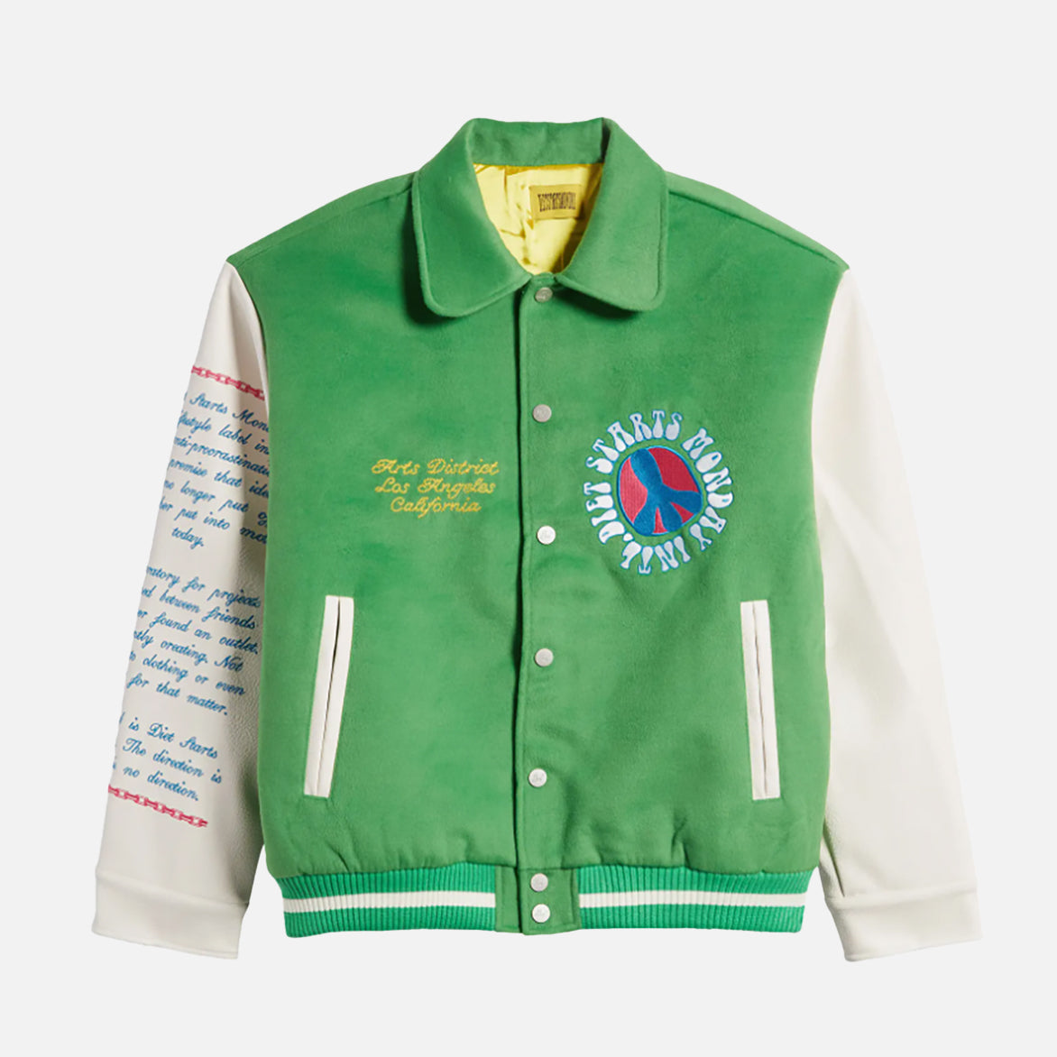 ARTS DISTRICT Varsity Jacket - Green & Cream Color Block Baseball Jacket for Men & Women | Vintage Style Letterman Jacket for Casual Wear, Street Fashion & College Outfits