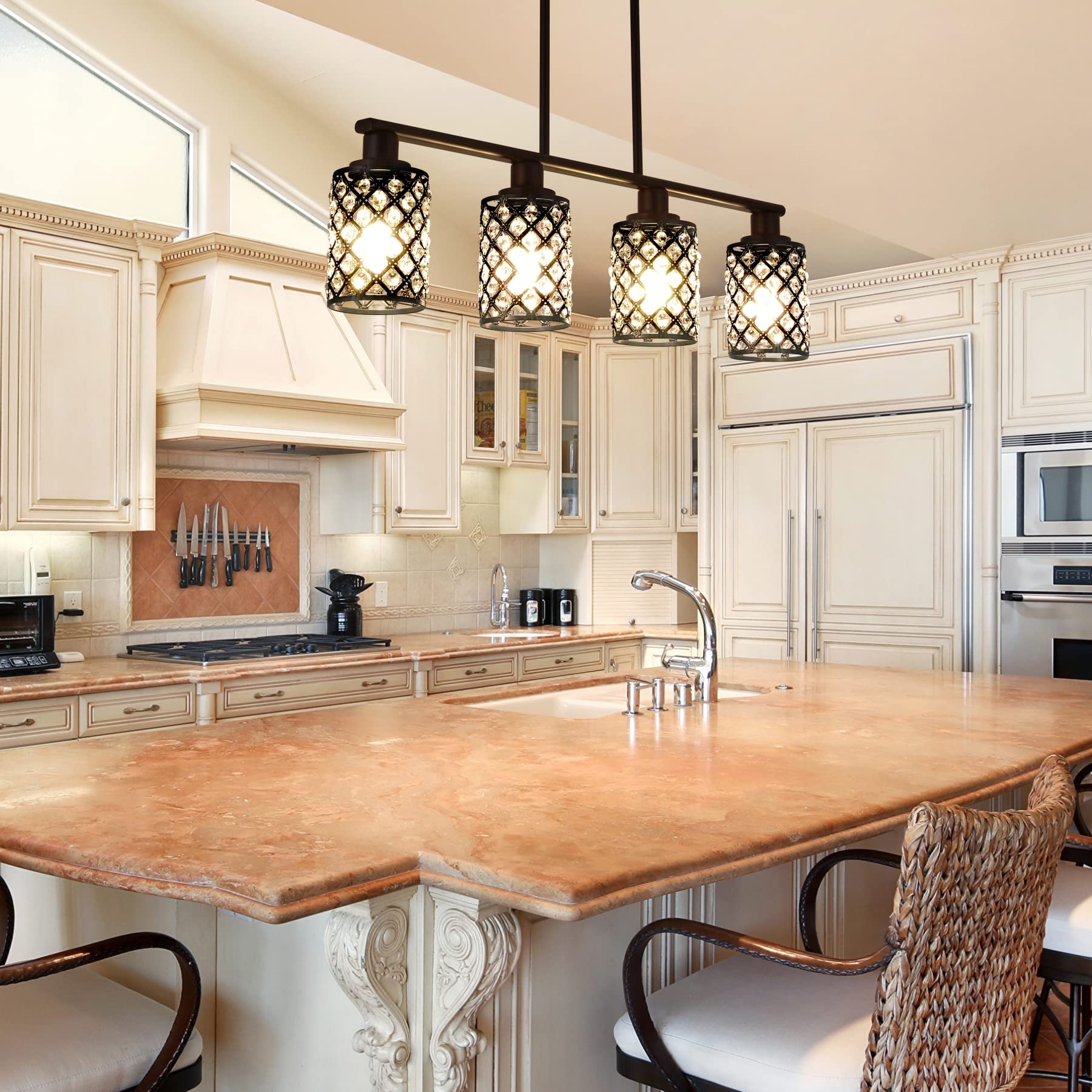 4-Light Black Linear Chandelier with K9 Crystal & Grid Shade - Modern Pendant Lighting for Kitchen Island, Dining Room Table | Perfect for Contemporary Home Decor & Open Concept Spaces
