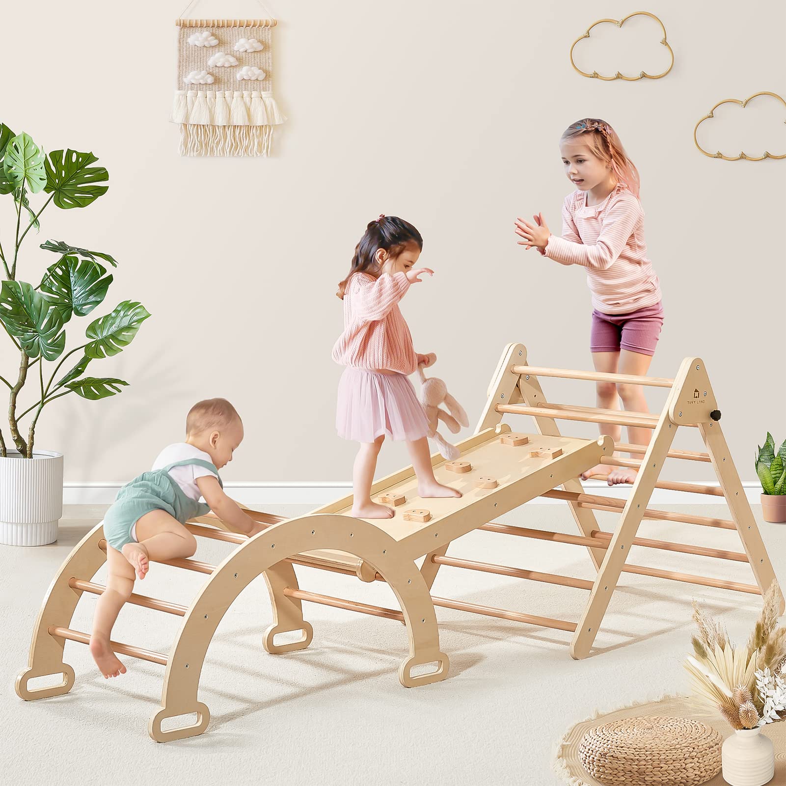 **Tiny Land 5-in-1 Foldable Pikler Triangle Set – Montessori Climbing Toy for Toddlers 2+ | Indoor Jungle Gym & Playground for Kids – Perfect for Home, Daycare & Playrooms**