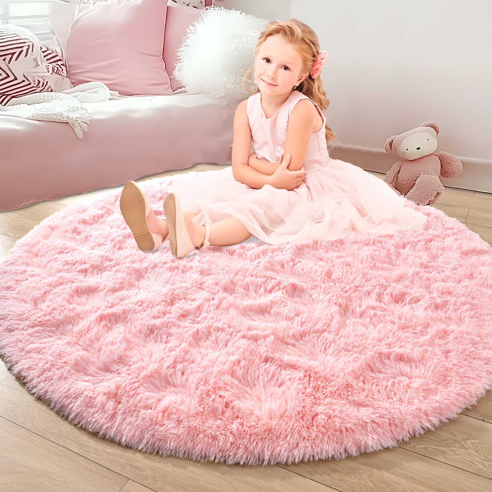 **Junovo Pink Round Fluffy Soft Area Rug 6x6 Feet - Plush Shaggy Carpet for Kids Girls Room, Princess Castle Nursery Rug, Cute Circle Carpet for Teens Bedroom & Home Decor - Perfect for Playrooms, Dorm Rooms & Cozy Spaces**