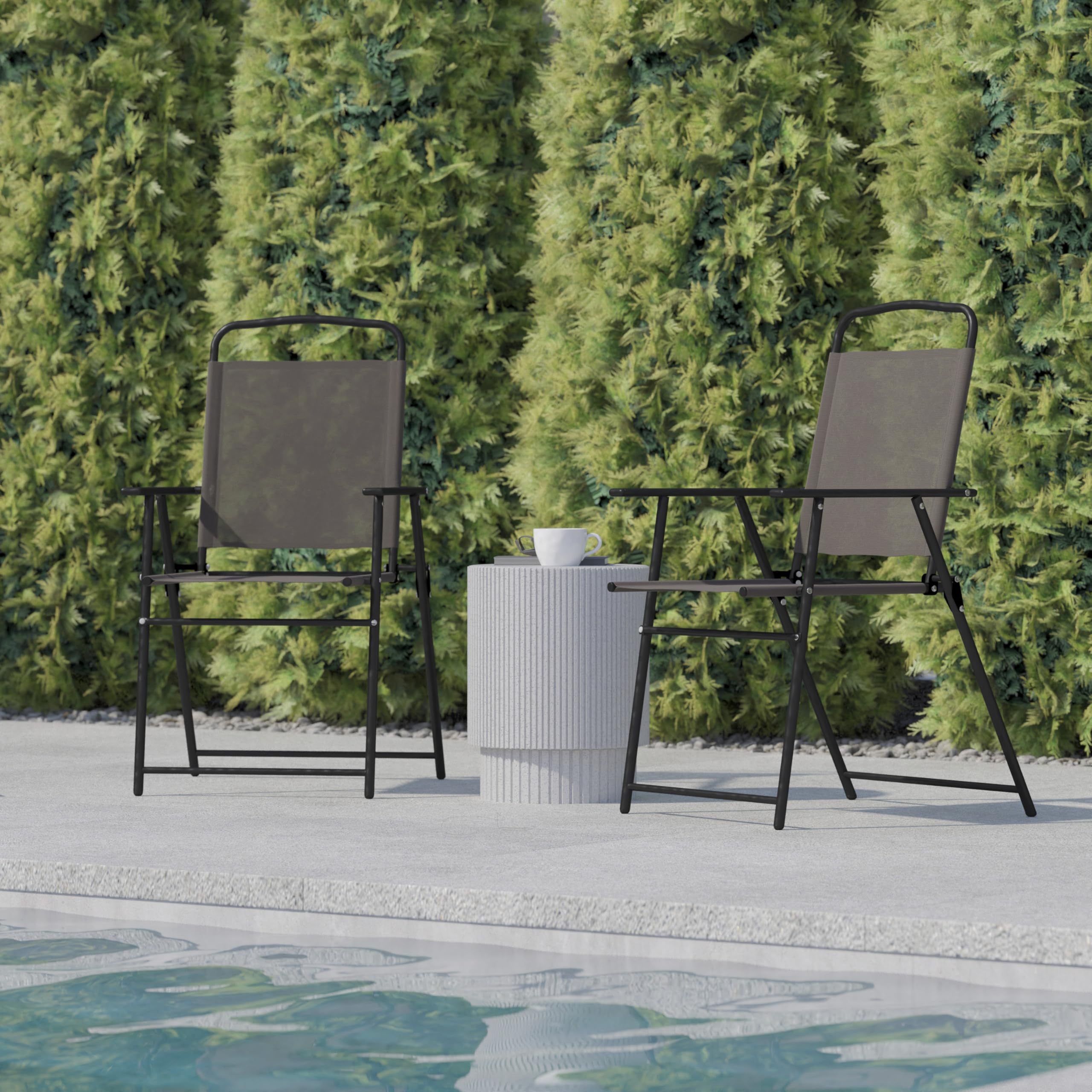 Flash Furniture Mystic Folding Patio Sling Chairs - Set of 2 Brown Textilene Outdoor Lawn Chairs with Armrests | Perfect for Backyard, Poolside & Garden Relaxation