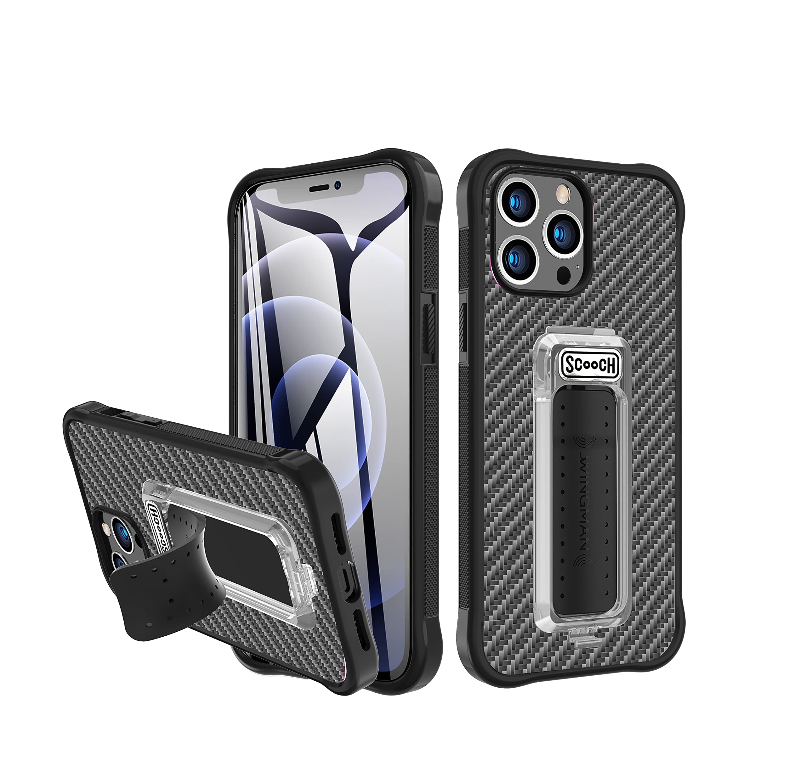 Scooch iPhone 13 Pro Case with Stand - Slim Protective Cover with Phone Grip, Kickstand & Car Vent Mount | 10ft Drop Protection | Magnetic Car Mount Compatible | Carbon Fiber/Tuxedo Design | Perfect for Driving, Work & Everyday Use