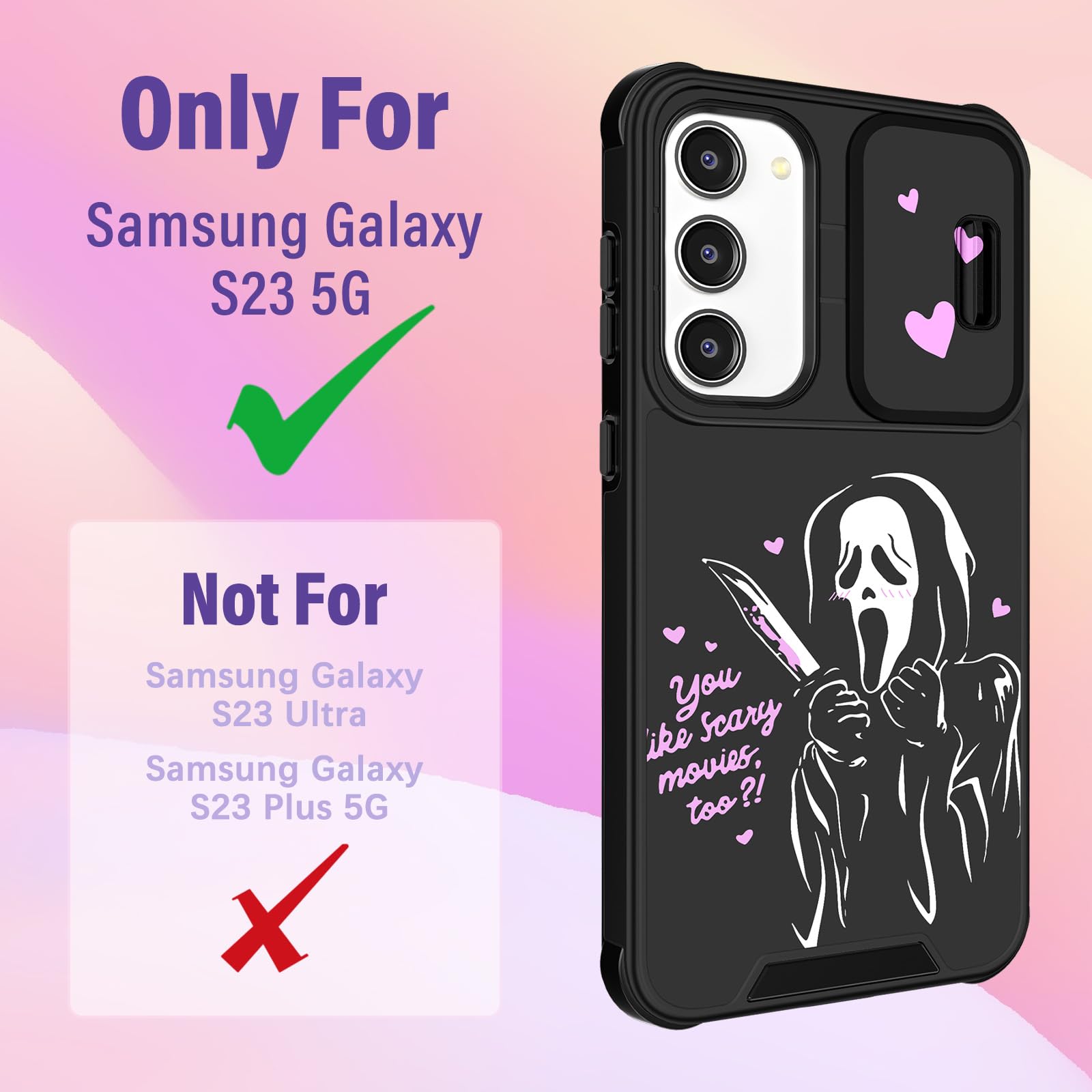 Cute Cartoon Samsung Galaxy S23 Case for Women - Shockproof Protective Phone Cover with Camera Cover & Ring Stand | Girly Heart Skull Design | Perfect for Daily Use, Work & Travel