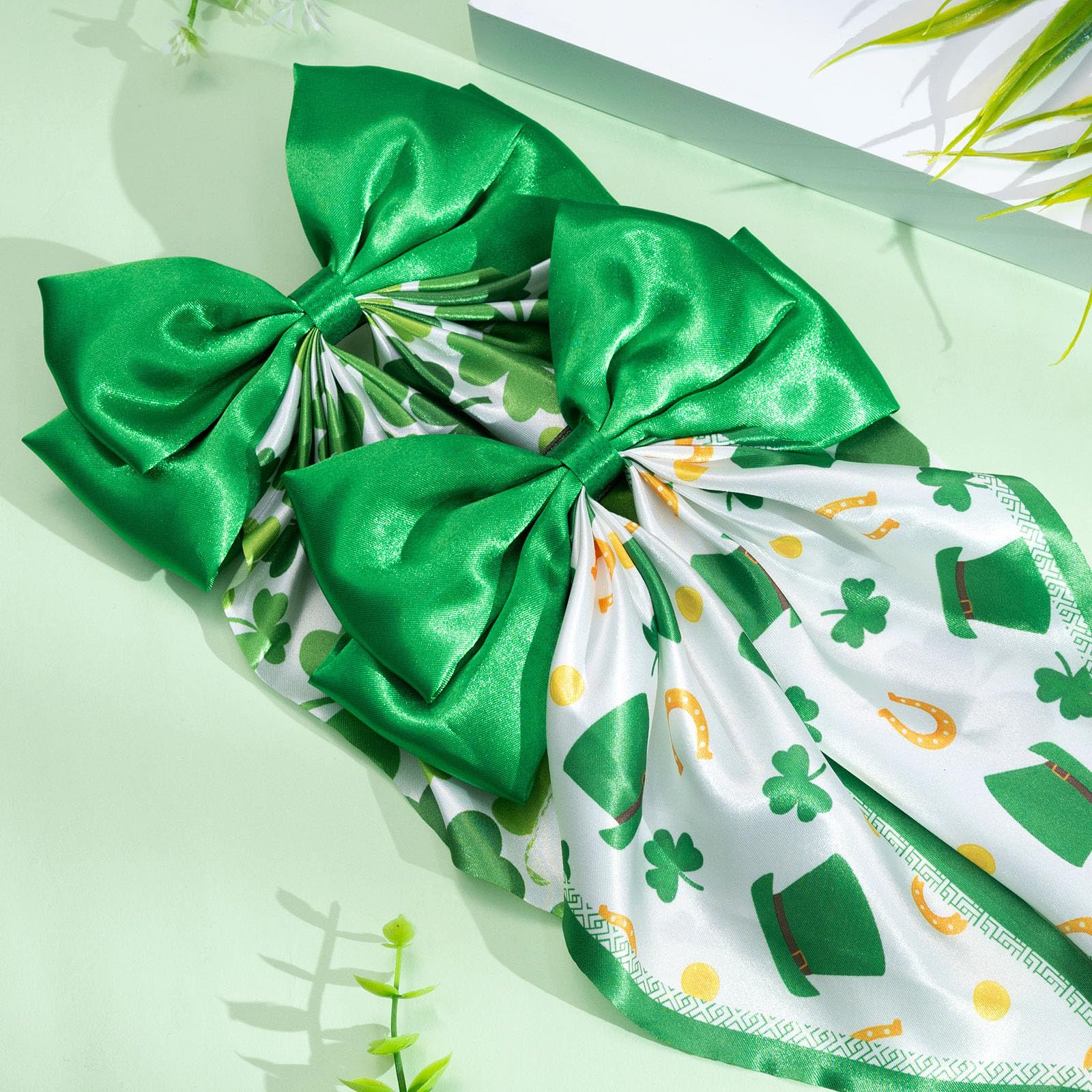 OAOLEER 2PCS St. Patrick's Day Hair Bows for Women & Girls - 8 Inch Green Satin Layered Hair Clips with Long Tail, French Style Hair Accessories for Parties, Weddings & Festive Events