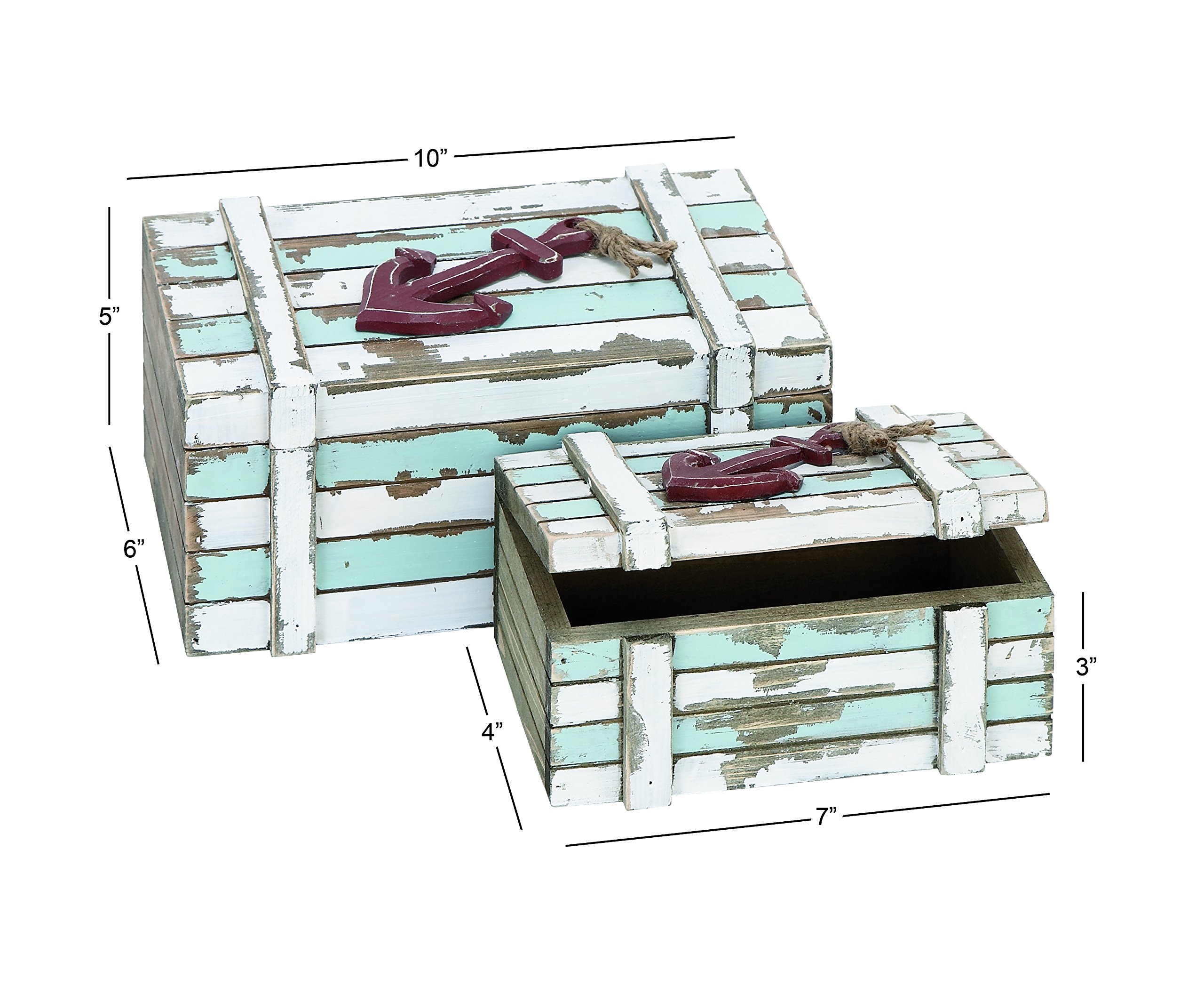 Deco 79 Wooden Decorative Storage Box Set of 2 - Teal Keepsake Box with Anchor Design & Hinged Lid (10
