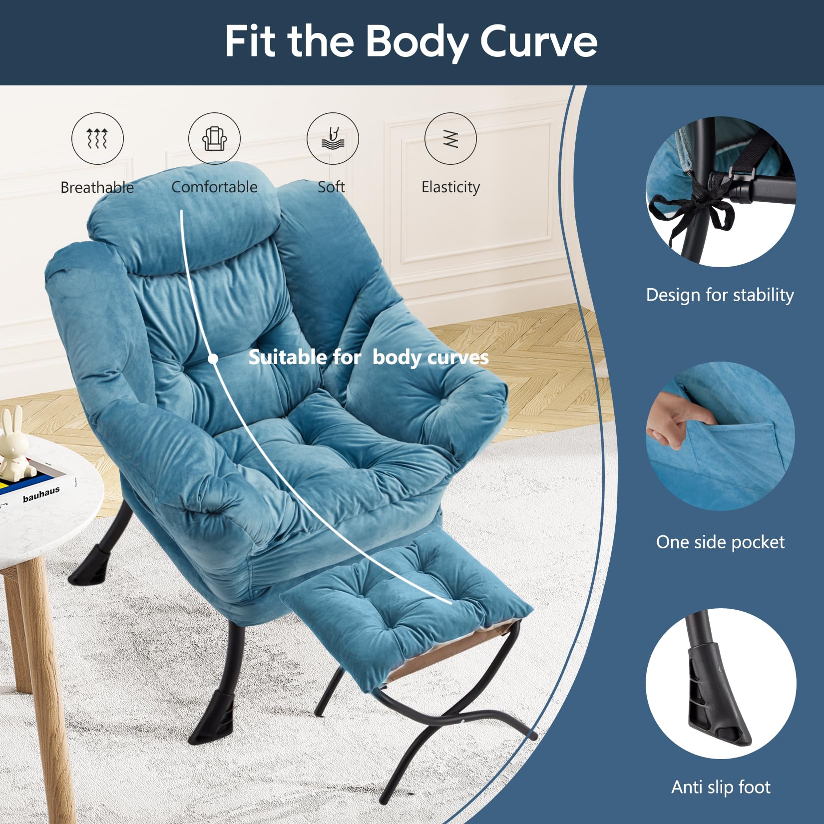 Modern Large Accent Chair with Folding Ottoman - Contemporary Upholstered Lounge Chair with Armrests - Comfortable Reading Armchair for Bedroom, Dorm & Office (Blue) - Perfect for Relaxing, Napping & Small Space Living