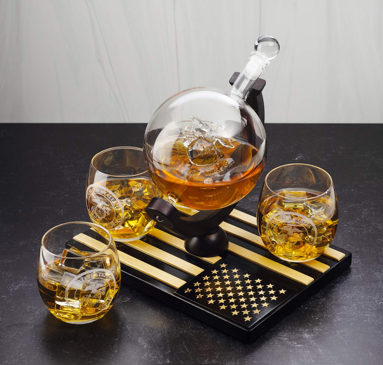 Premium U.S. Marine Globe Whiskey Decanter Set with 4 Crystal Glasses - Wooden American Flag Base - Navy Veteran Gift for Men, Dad & Military Fathers - Bourbon & Scotch Decanter Gift Set - Perfect for Home Bars, Man Caves & Patriotic Celebrations