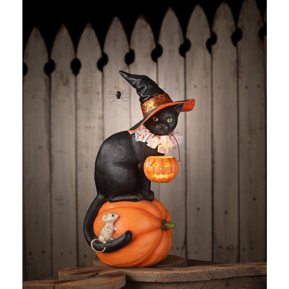 Halloween Cat Witch on Pumpkin Statue by Bethany Lowe Designs - Spooky Home Decor for Halloween Party & Fall Festival Decorations