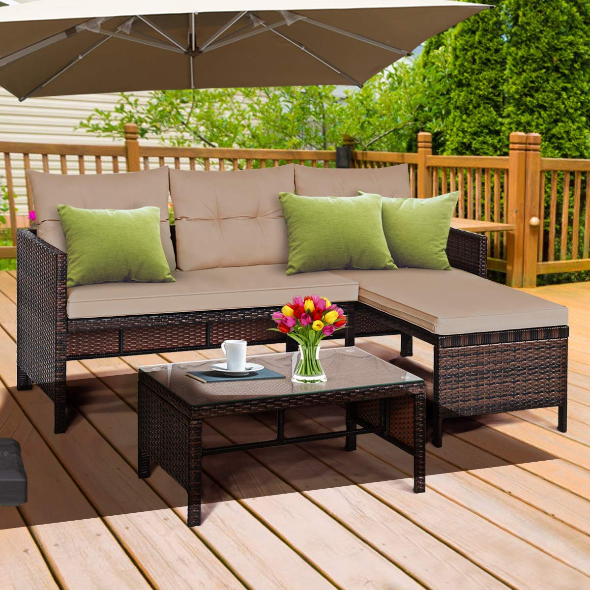 HAPPYGRILL 3-Piece Outdoor Rattan Sectional Sofa Set with Steel Frame & Cushions - Waterproof Wicker Patio Furniture for Garden, Poolside, Backyard, Lawn - Perfect for Relaxing, Entertaining & Outdoor Lounging